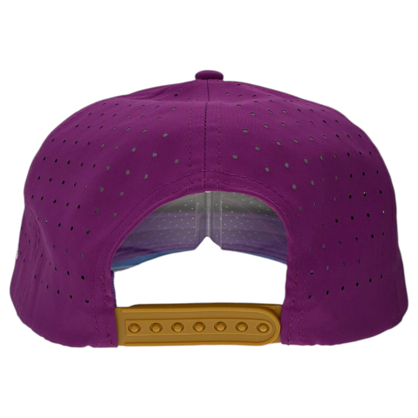 Back view of the Marlin Golf Hat—an adjustable purple snapback cap with ventilation holes, yellow closure, slightly curved brim, and a built-in magnetic ball marker holder plus marker included—perfect for golf.