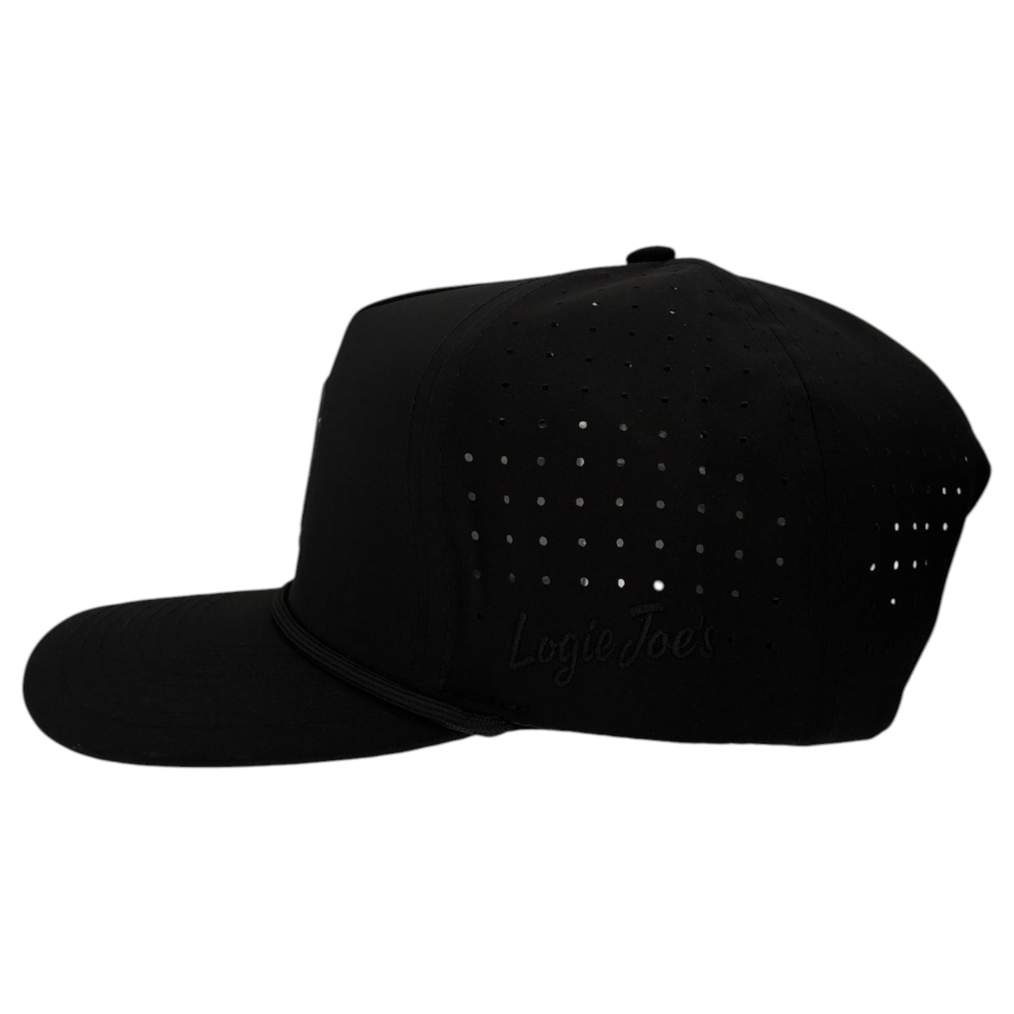 A black Night Stalker Golf Hat snapback cap, shown from the side with small crown perforations, built-in magnetic ball marker holder (marker included), adjustable fit, and subtle Logie Joes embroidery—Animal Eyes Black.