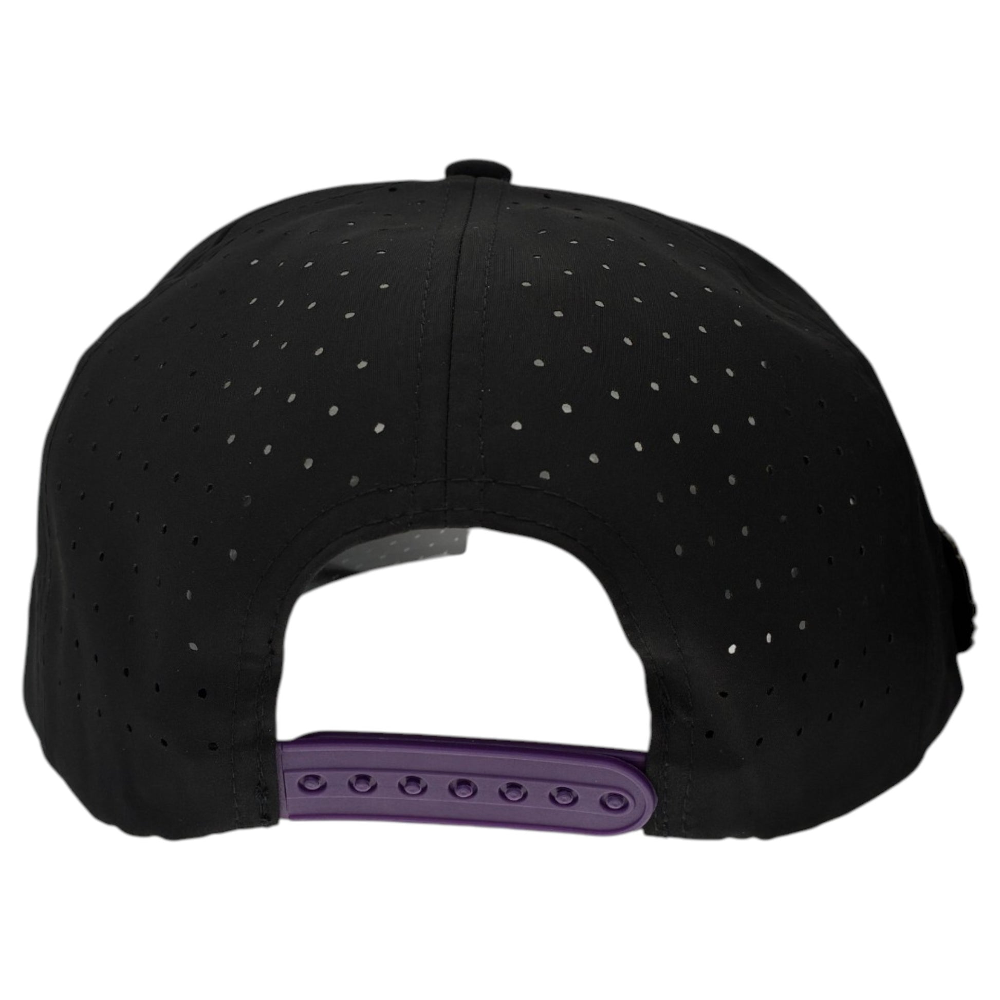 The Night Stalker Golf Hat | Snapback Cap in Animal Eyes Black features small perforations, a purple adjustable snapback strap, and a built-in magnetic ball marker holder with marker included for golf course convenience.
