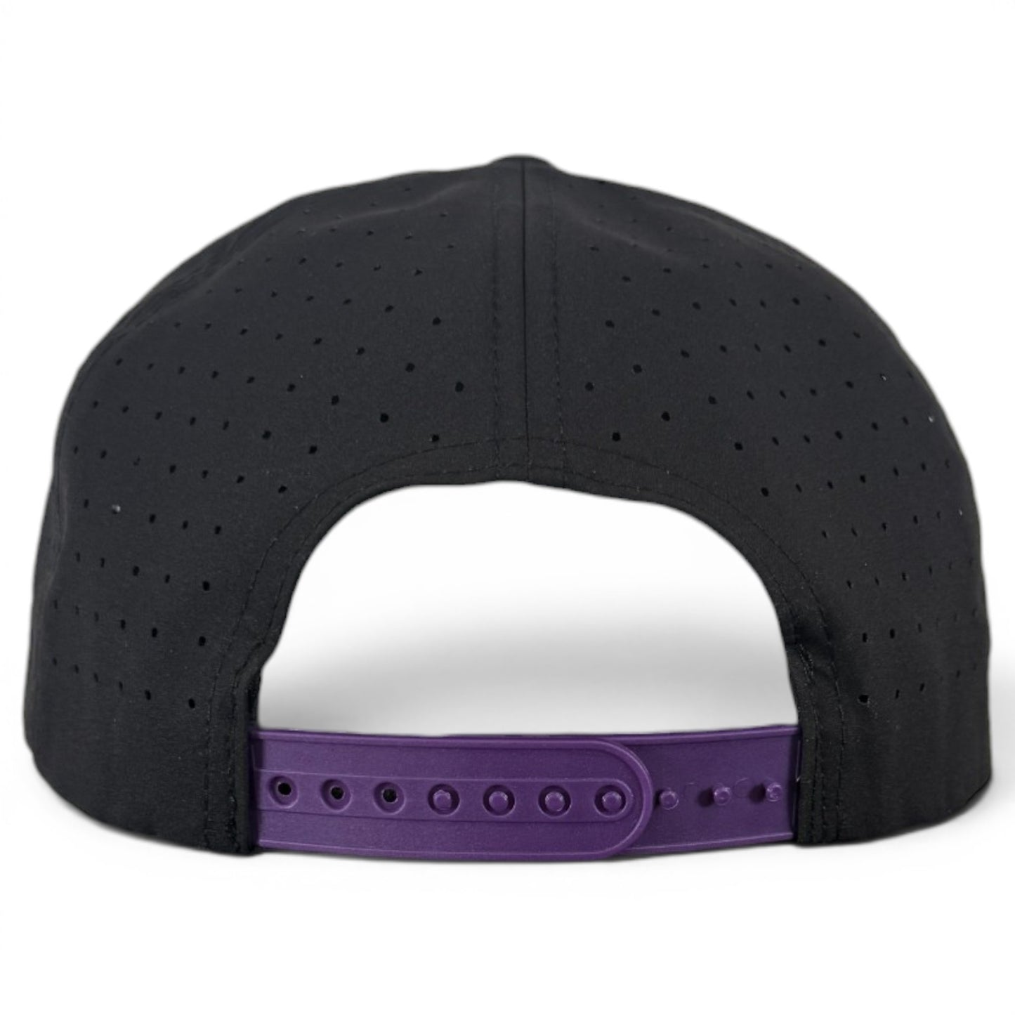 Back view of the Night Stalker Golf Hat in Animal Eyes Black, a snapback cap with built-in magnetic ball marker holder (marker included), adjustable fit, and black perforated design.