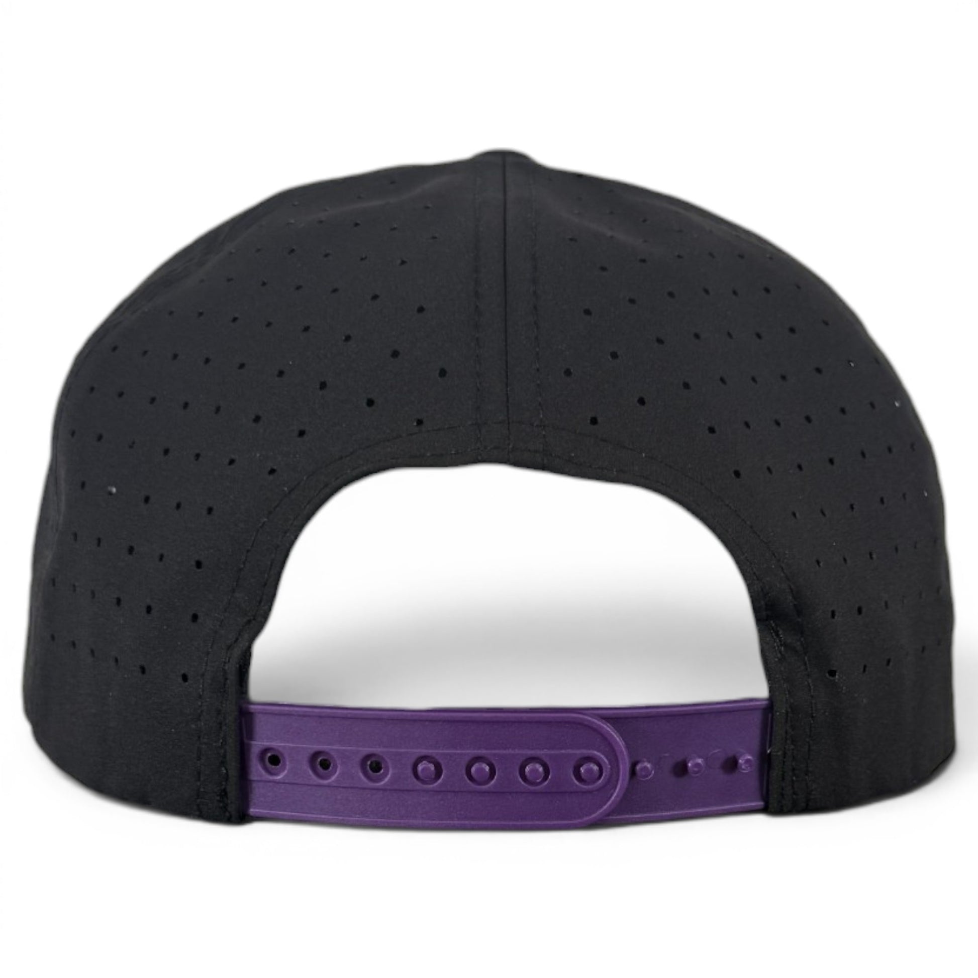 Back view of the Night Stalker Golf Hat in Animal Eyes Black, a snapback cap with built-in magnetic ball marker holder (marker included), adjustable fit, and black perforated design.
