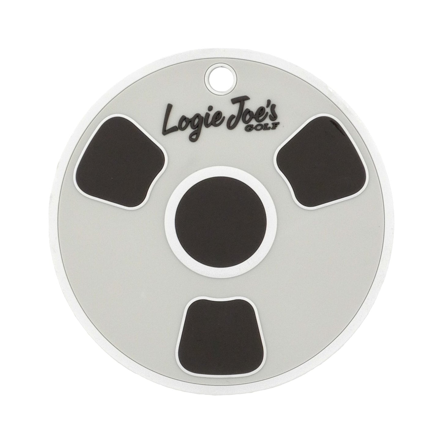 The Bottom of the Cup Golf Putting Disk is a round, white indoor practice marker with three black shapes, a central black circle, "Logie Joes GOLF" text on top, and a hole for attaching to a keychain or for use as a putting target.