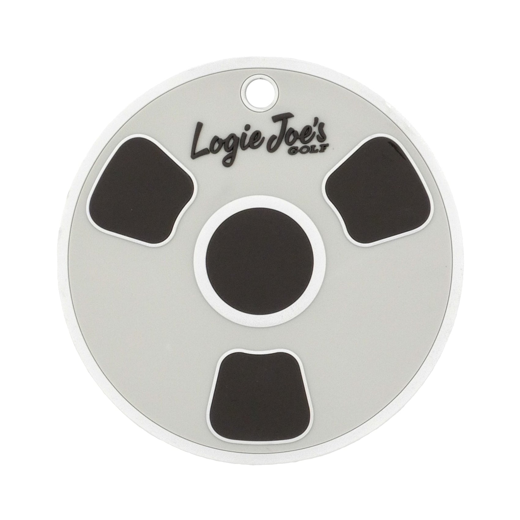 The Bottom of the Cup Golf Putting Disk is a round, white indoor practice marker with three black shapes, a central black circle, "Logie Joes GOLF" text on top, and a hole for attaching to a keychain or for use as a putting target.