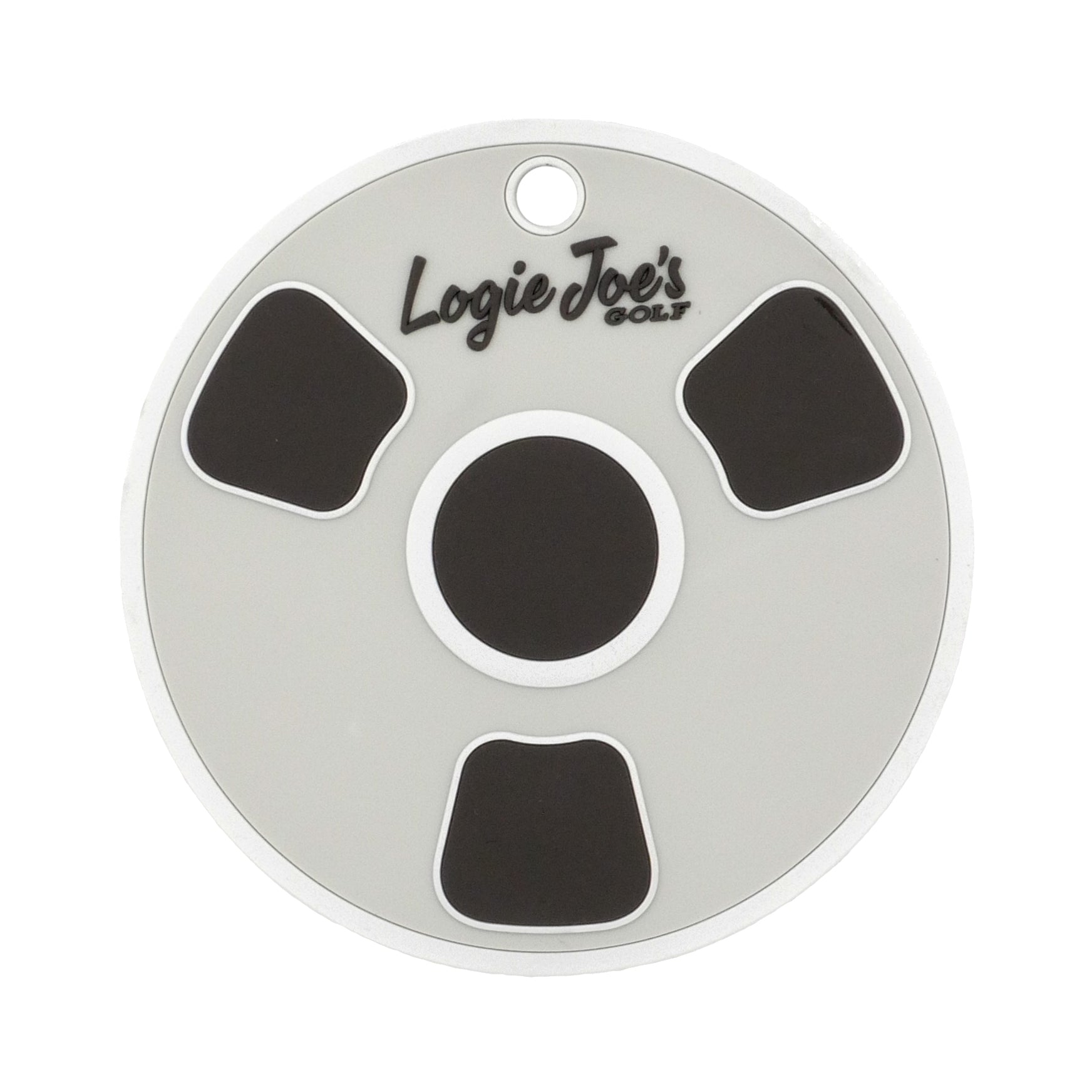 The Bottom of the Cup Golf Putting Disk is a round, white indoor practice marker with three black shapes, a central black circle, "Logie Joes GOLF" text on top, and a hole for attaching to a keychain or for use as a putting target.