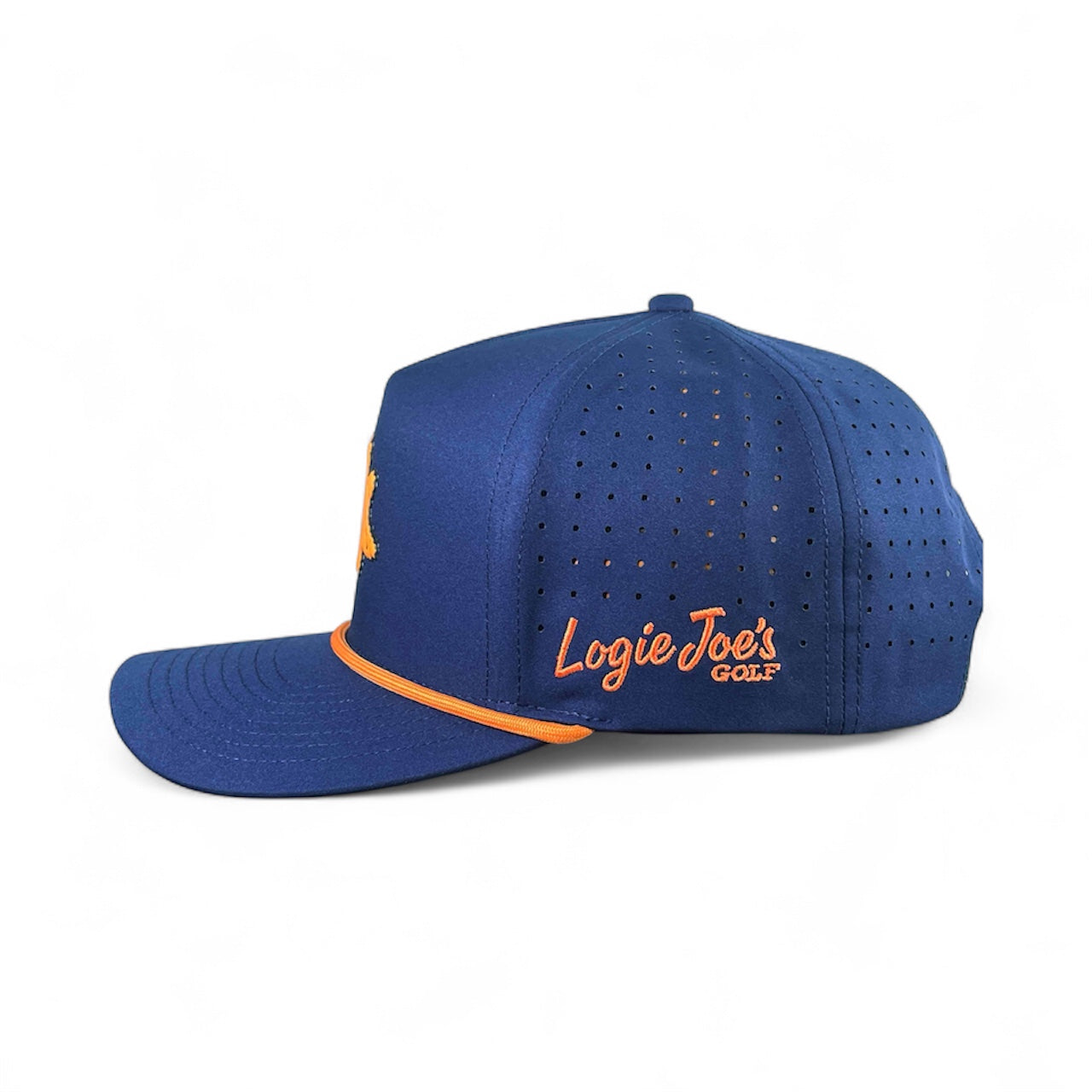 The Dino Nugget Golf Hat is a blue snapback cap with orange accents, built-in magnetic ball marker holder (marker included), and side embroidery reading "Logie Joes GOLF." Adjustable fit makes it a fun, standout golfer accessory.