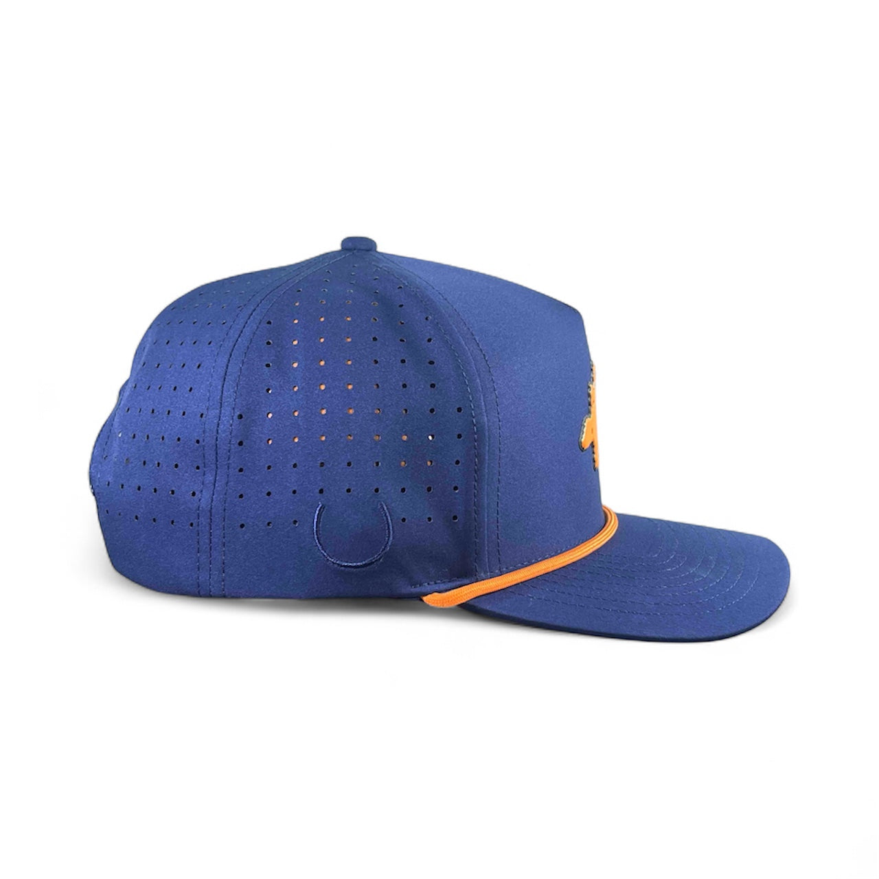 The Dino Nugget Golf Hat is a blue snapback cap with orange trim, side/back ventilation, an embroidered horseshoe near the back, and features a built-in magnetic ball marker holder with included marker. Adjustable for comfort on or off the course.
