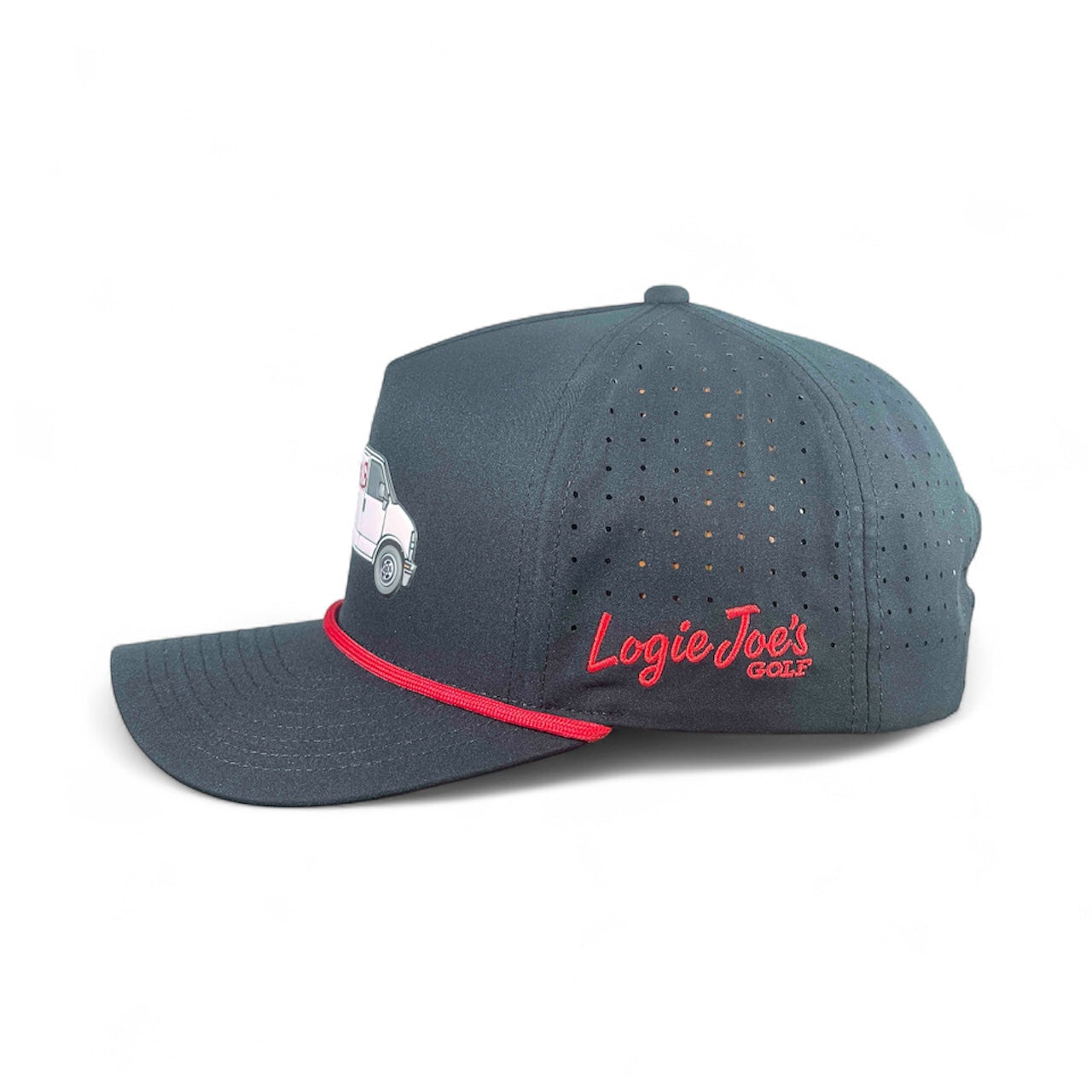 A stylish black snapback cap featuring a small white van graphic on the front and "Free Golf Balls Van" embroidered in red on the side. This adjustable golf hat includes a built-in magnetic ball marker holder and marker for added functionality.