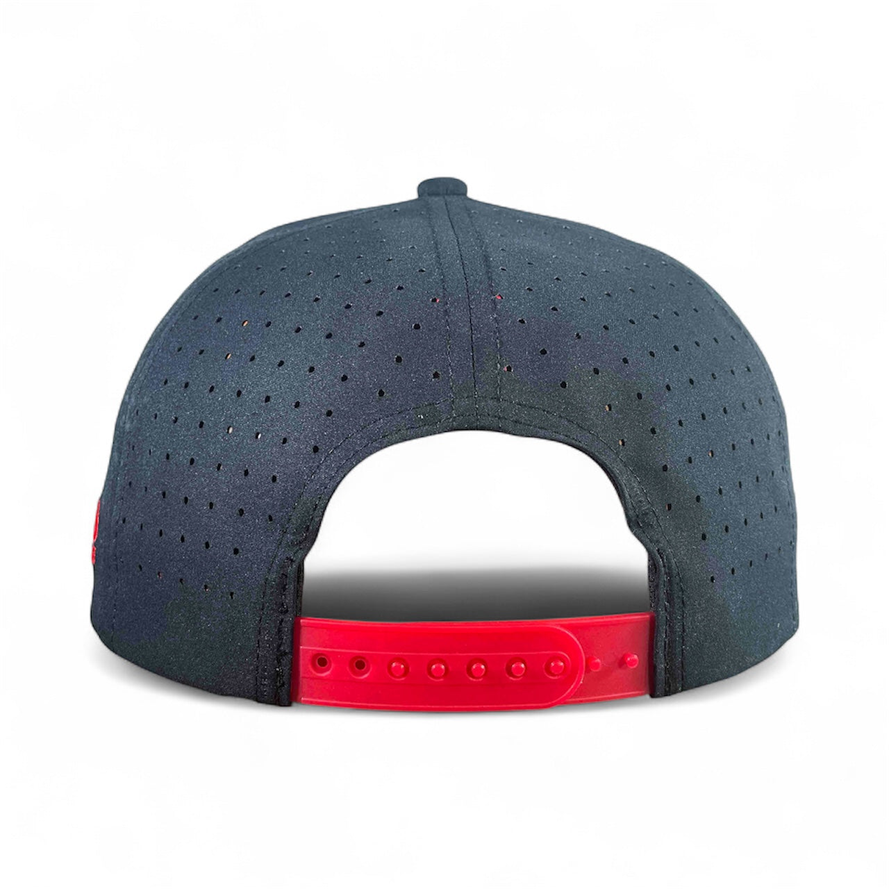 A black Free Golf Balls Van Golf Hat, viewed from the back, with an adjustable red snapback closure and a built-in magnetic ball marker holder with marker included.