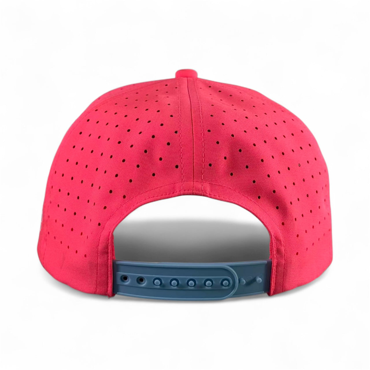 Back view of the Frosted Elephant Golf Hat in Elephant Cookie Pink featuring small ventilation holes, a blue adjustable snapback, and a built-in magnetic ball marker holder with marker included—essential for golfers.