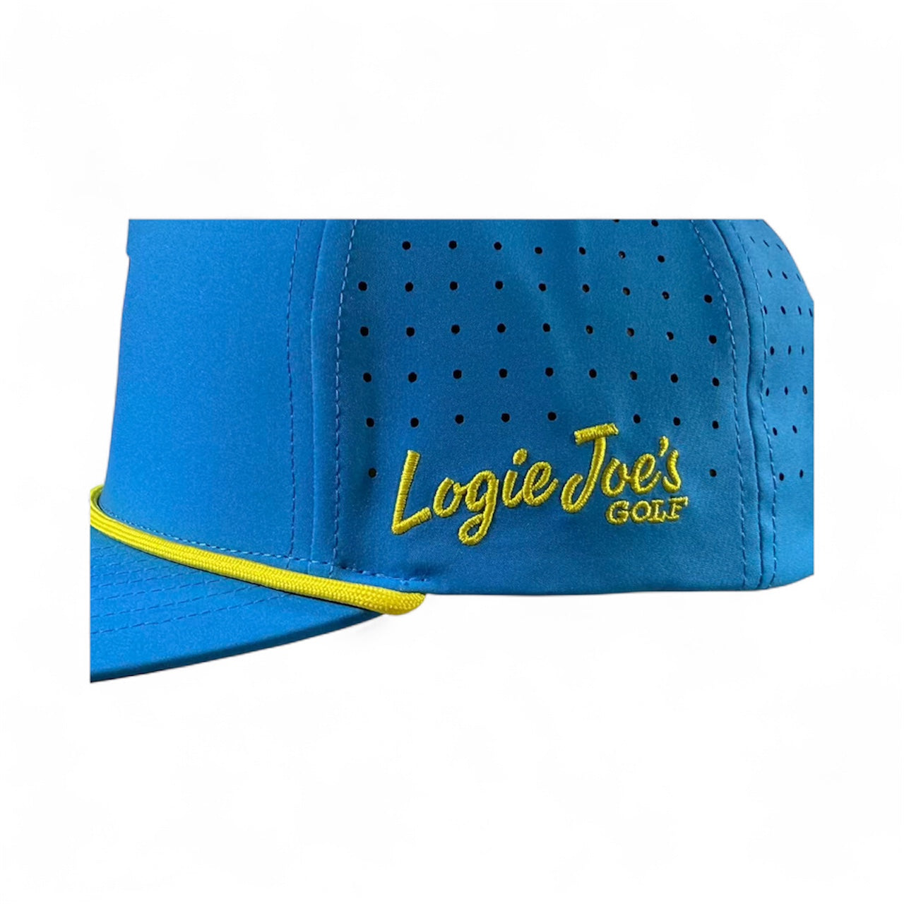 Close-up of the Tequila and Lime Golf Hat: a blue snapback cap with yellow trim, featuring “Logie Joe’s GOLF” in yellow embroidery and a built-in magnetic ball marker holder with marker included—adjustable for a perfect fit.