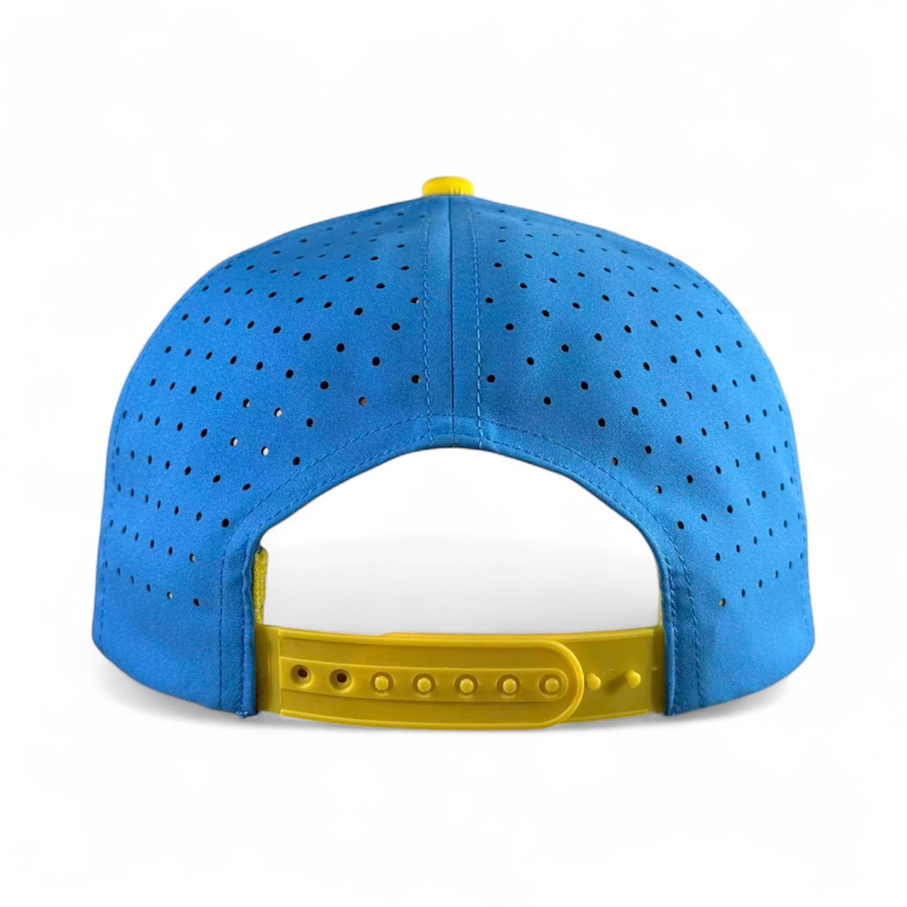 The Tequila and Lime Golf Hat is a blue snapback cap with ventilation holes, yellow adjustable strap, built-in magnetic ball marker holder (marker included), and shot glass. Premium golf headwear shown against a plain white background.
