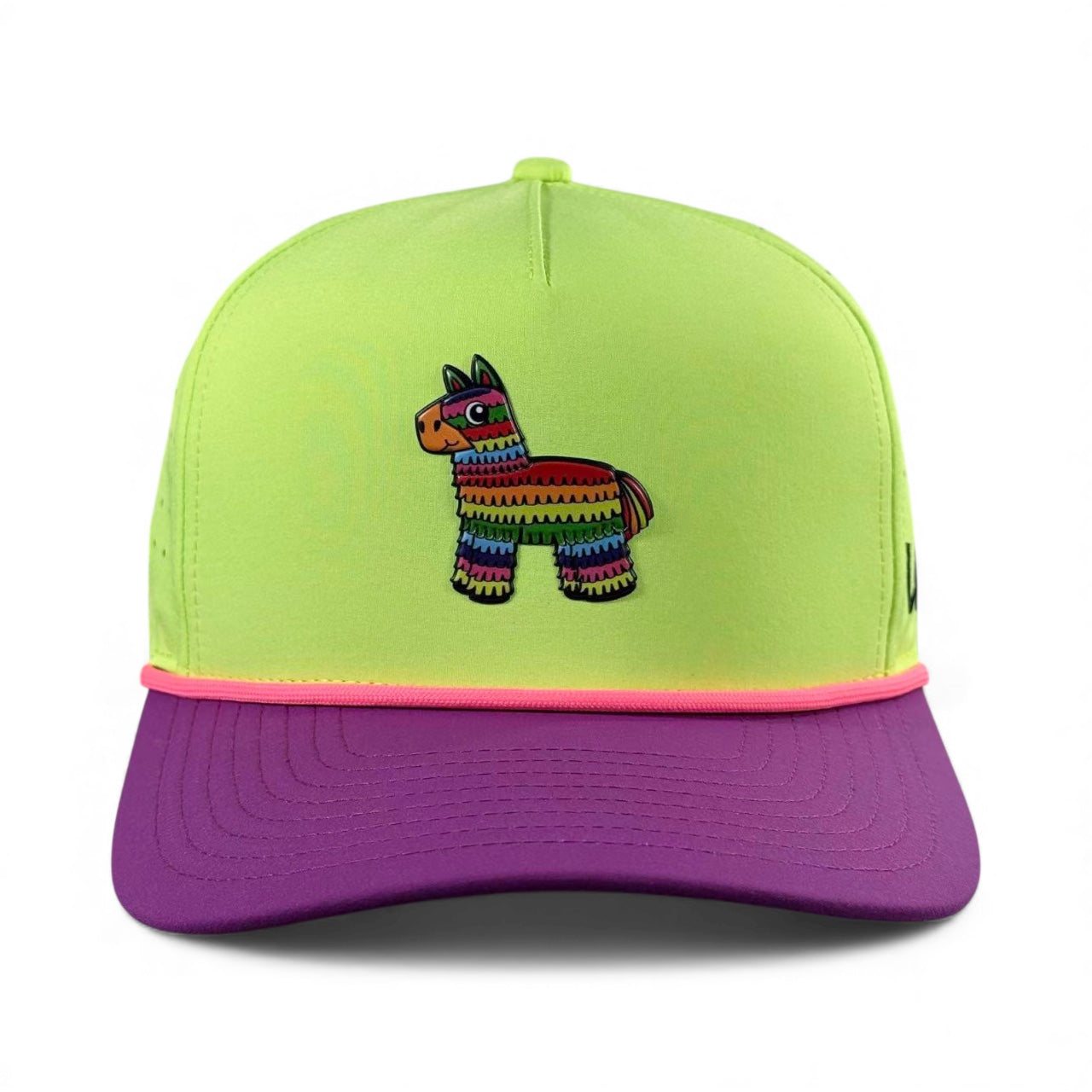 The "I'd Hit That Piñata Golf Hat" is a multicolor llama snapback cap with an adjustable fit and built-in magnetic ball marker holder—marker included. Perfect for golf or adding flair to your everyday look.
