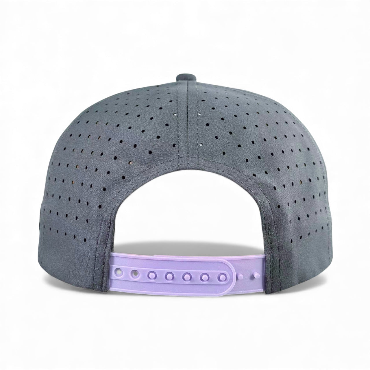 The Astronaut Walker Golf Hat is a gray snapback cap seen from the back, featuring a purple adjustable strap and a built-in magnetic ball marker holder with marker included.