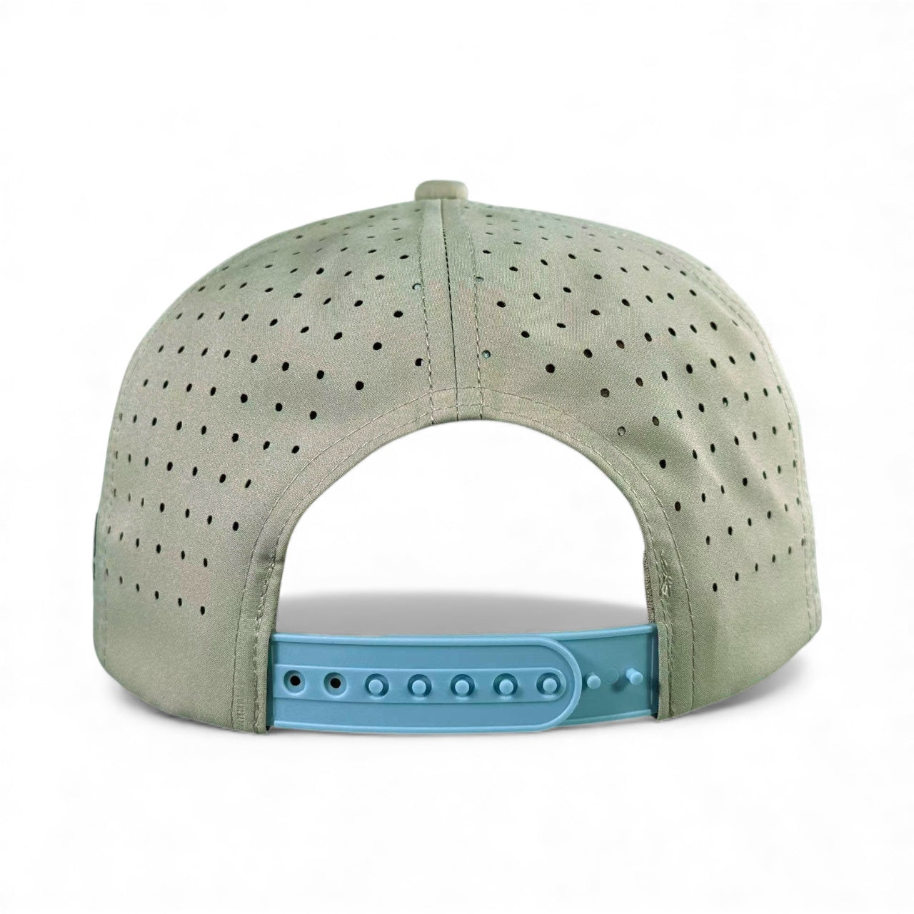 A Tiki Bear Golf Hat snapback cap in light gray, shown from the back on a plain white background, features ventilation holes, an adjustable blue plastic closure, and a built-in magnetic ball marker holder with marker included.