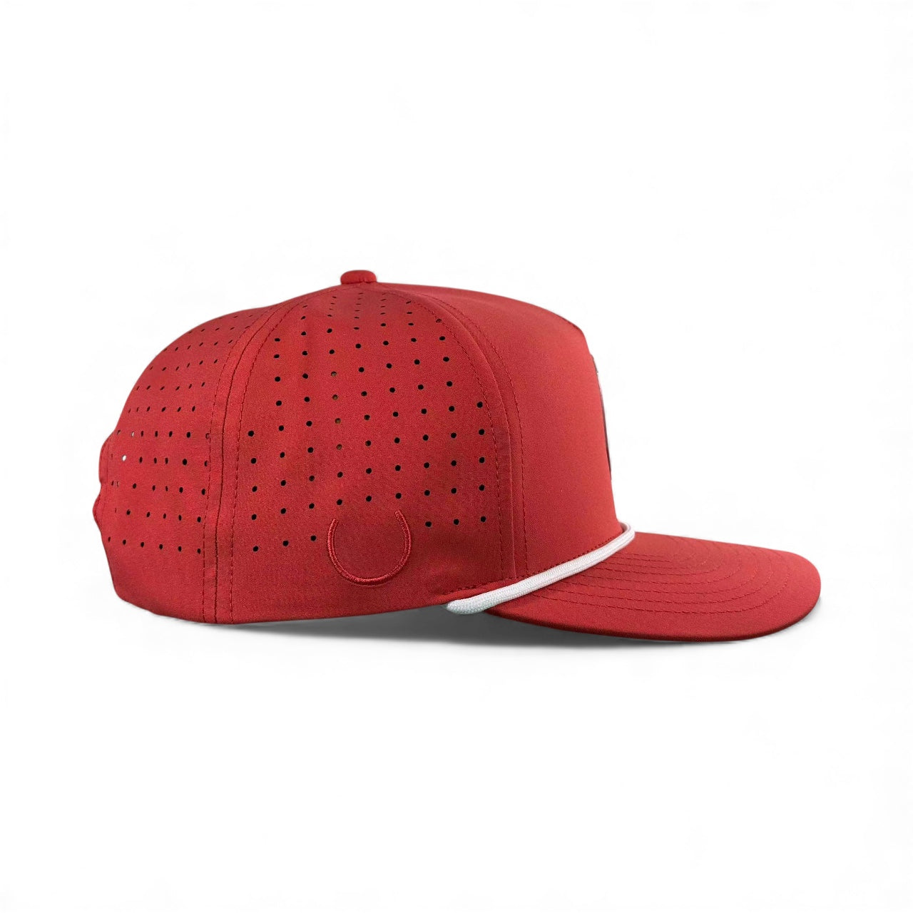 The Missing Milk Golf Hat is an adjustable red snapback cap with a built-in magnetic ball marker holder and included marker, called "Missing Golf Ball," shown on a plain white background—perfect as a stylish golfer accessory.