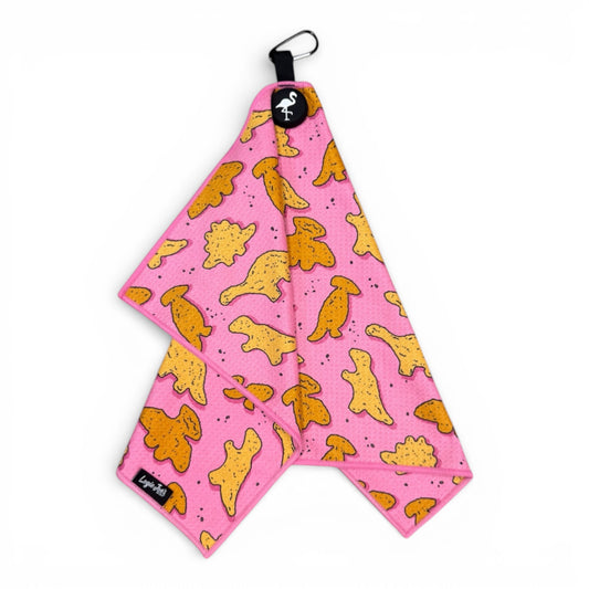 The Pink Dino Nugget Golf Towel (24x16 in) is a premium double-sided microfiber towel with a heavy-duty magnetic design and carabiner clip, making it the perfect unique gift for any golf enthusiast.