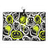 The Drippy Smile Golf Towel (24x16 in) features abstract white and neon yellow drippy smile faces on a black microfiber backdrop, paint splatter accents, and includes a heavy-duty magnetic back plus carabiner clip for easy access.