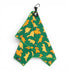 The Green Dino Nugget Golf Towel features yellow dinosaur shapes, a carabiner clip, magnetic attachment, and premium double-sided microfiber—perfect for golfers seeking a fun and functional 24 x 16 in towel for the course.