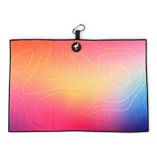 The Thermal Topographic Golf Towel is a 24 x 16 in premium double-sided microfiber towel featuring a vibrant orange-pink-blue gradient, thermal contour lines, and a carabiner clip with flamingo logo on a small black loop at the top center.