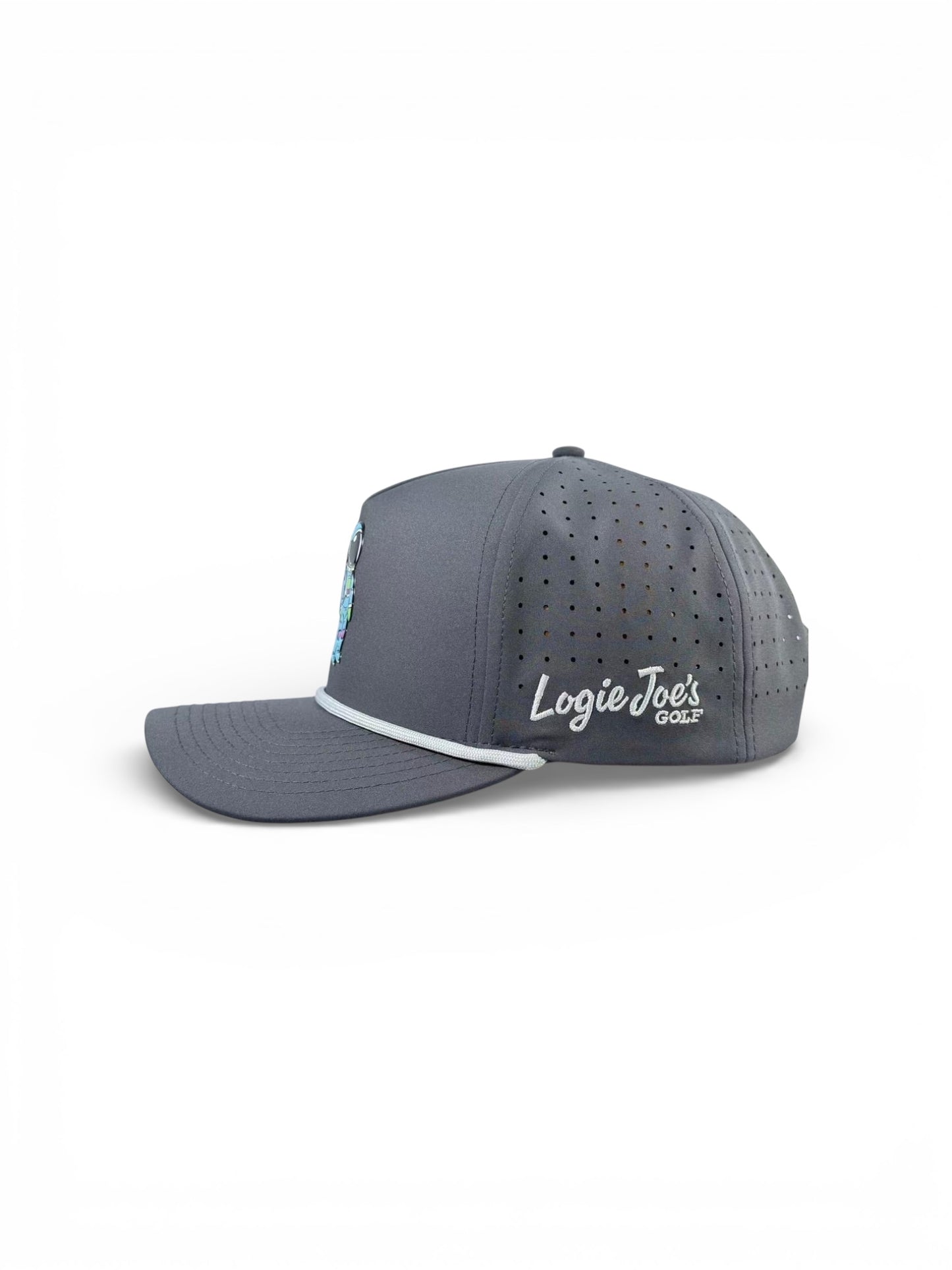 Dark gray Astronaut Walker Golf Hat with a curved brim, white trim, ventilation holes, snapback fit, "Logie Joes GOLF" in white script, and a built-in magnetic ball marker holder (marker included). Adjustable for perfect style on the green.