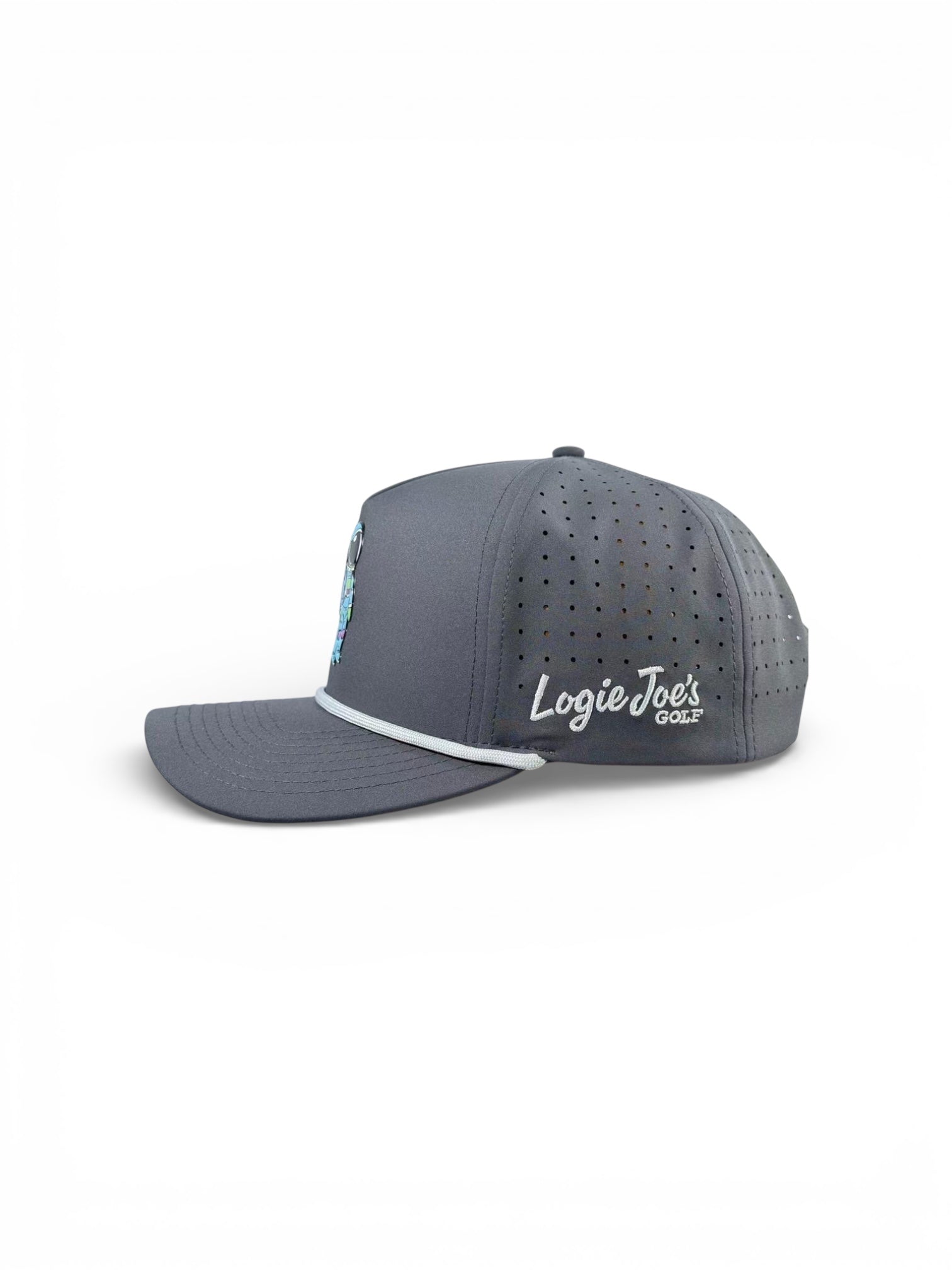 Dark gray Astronaut Walker Golf Hat with a curved brim, white trim, ventilation holes, snapback fit, "Logie Joes GOLF" in white script, and a built-in magnetic ball marker holder (marker included). Adjustable for perfect style on the green.