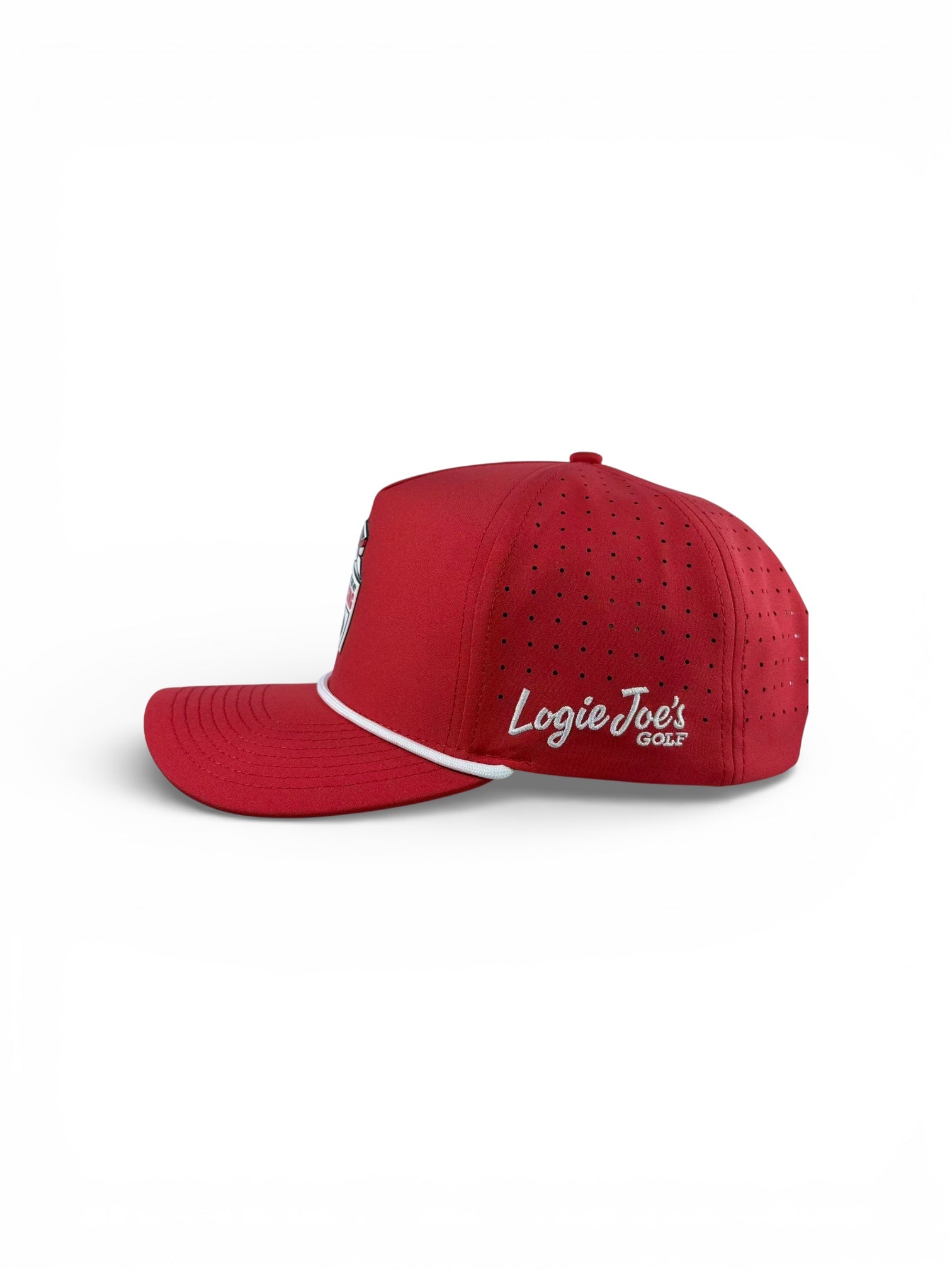The Missing Milk Golf Hat is an adjustable red snapback cap with a built-in magnetic ball marker holder and marker included, “Missing Golf Ball” design, shown on a plain white background.