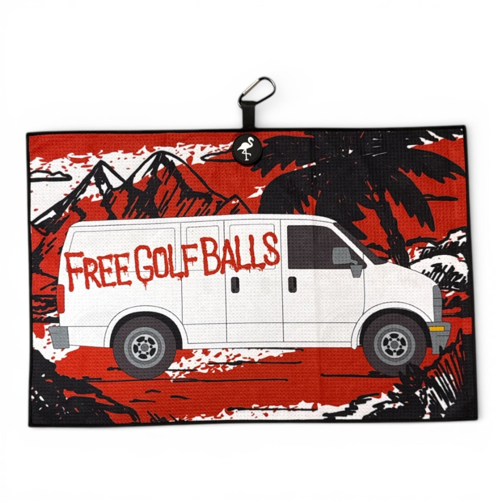 The Free Golf Balls Van Golf Towel is a 24x16 in double-sided microfiber towel, featuring a white van with FREE GOLF BALLS, red and black mountain and palm designs, plus a heavy-duty magnetic carabiner clip for easy hanging.