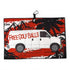 The Free Golf Balls Van Golf Towel is a 24x16 in double-sided microfiber towel, featuring a white van with FREE GOLF BALLS, red and black mountain and palm designs, plus a heavy-duty magnetic carabiner clip for easy hanging.