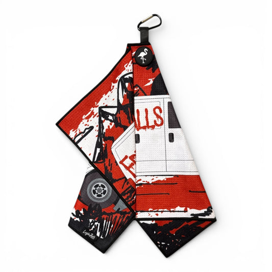 The Free Golf Balls Van Golf Towel features a white van with red accents, bold red lettering, and black splatter art on premium double-sided microfiber. Includes a magnetic design and carabiner clip. Size: 24x16 in—perfect for golf enthusiasts.
