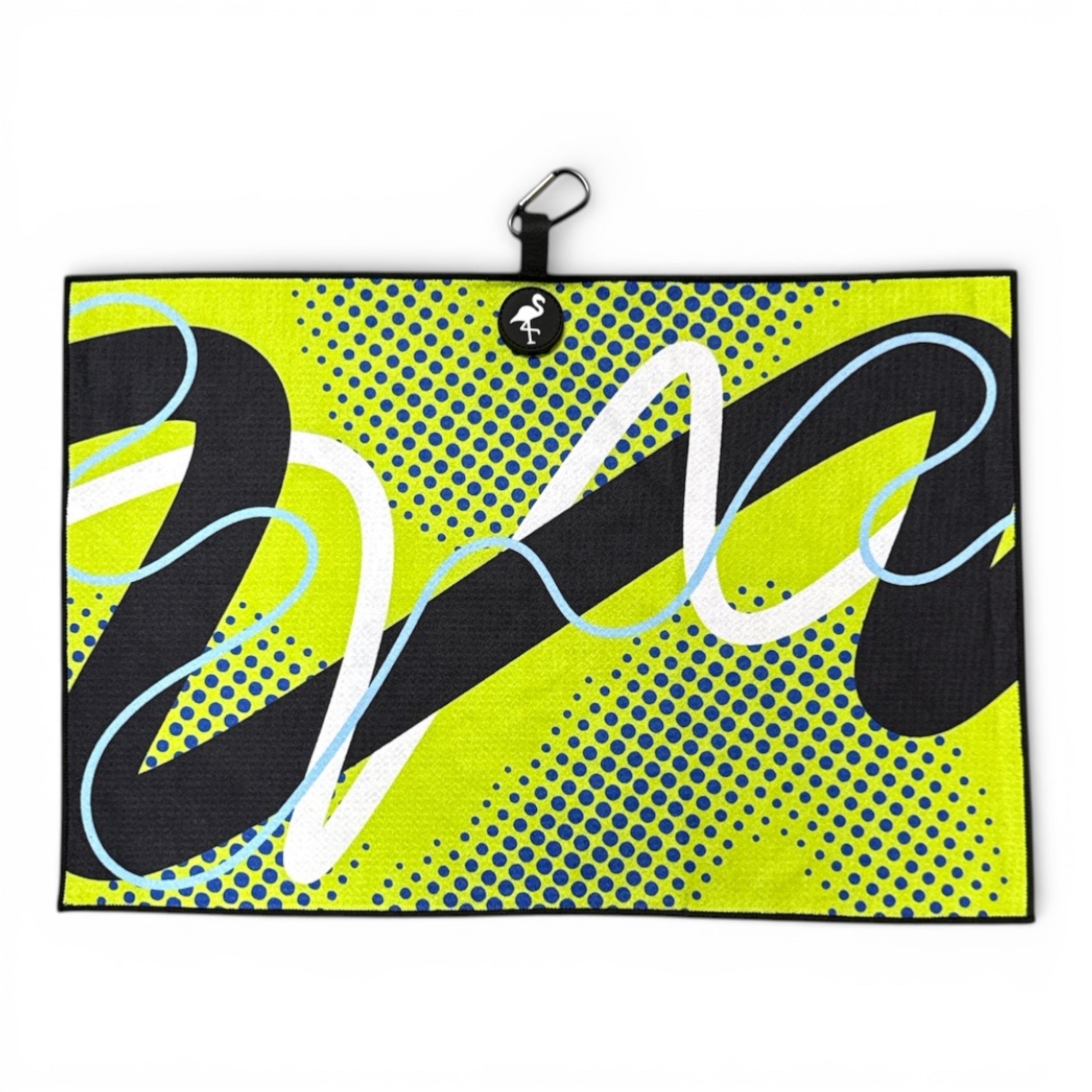The Neon Current Golf Towel is a 24 x 16 in premium double-sided microfiber towel in vibrant yellow, green, blue, and black abstract patterns. It features wavy and dotted designs plus a heavy-duty magnetic carabiner clip at the top.