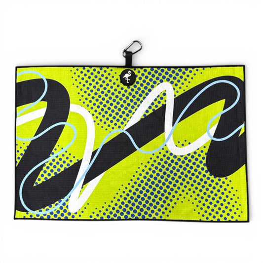 The Neon Current Golf Towel is a 24 x 16 in premium double-sided microfiber towel in vibrant yellow, green, blue, and black abstract patterns. It features wavy and dotted designs plus a heavy-duty magnetic carabiner clip at the top.