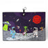 Cartoon of two astronauts and a green alien golfing on the moon with spaceships and a red planet, featuring the Mission to Pars Golf Towel—premium double-sided microfiber, magnetic towel with carabiner clip, 24x16 in.