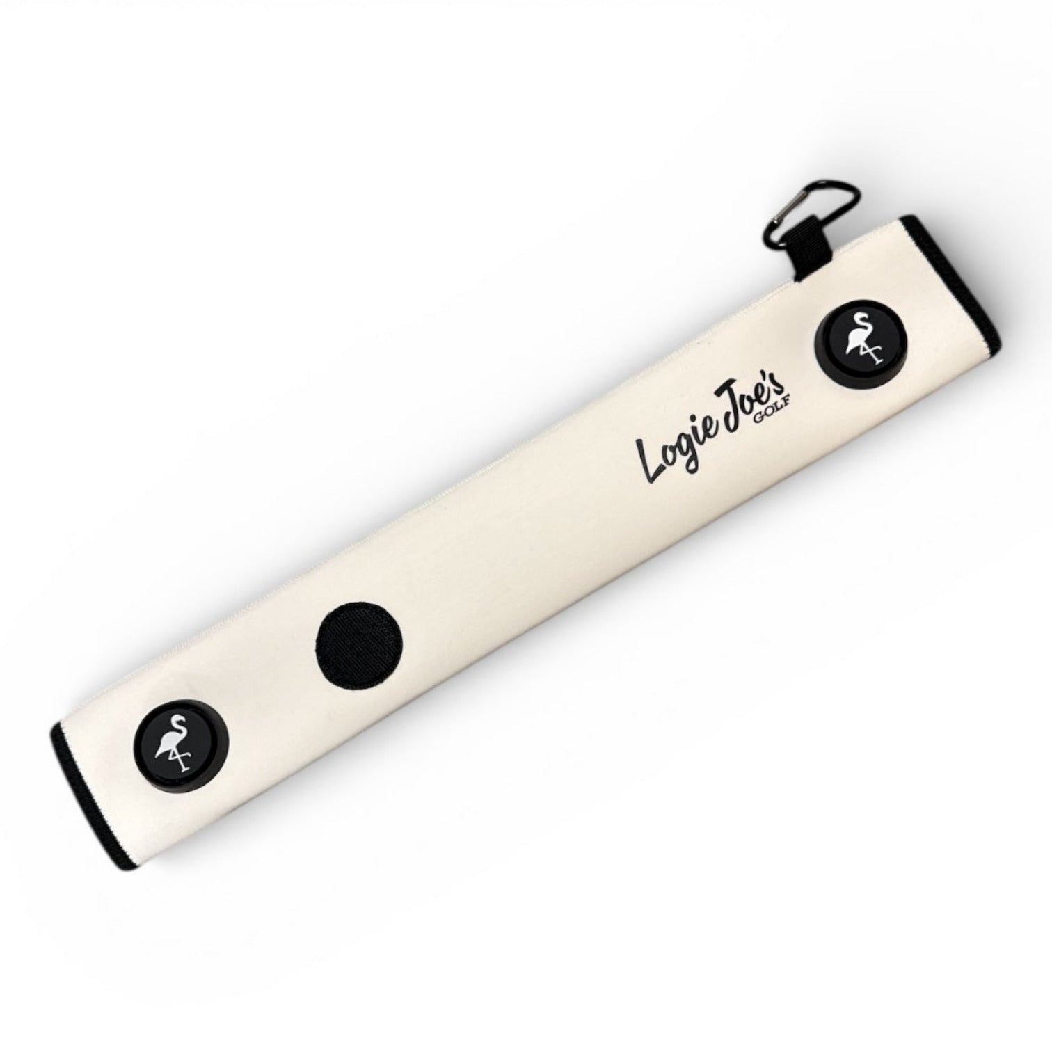 The White Magnetic Golf Cart Strap Sleeve (18.5 x 3.5 in) is a neoprene rubber golf accessory with dual magnets, glove holder, carabiner bag attachment, and Logie Joes Golf branding—perfect for organizing your gear on the course.