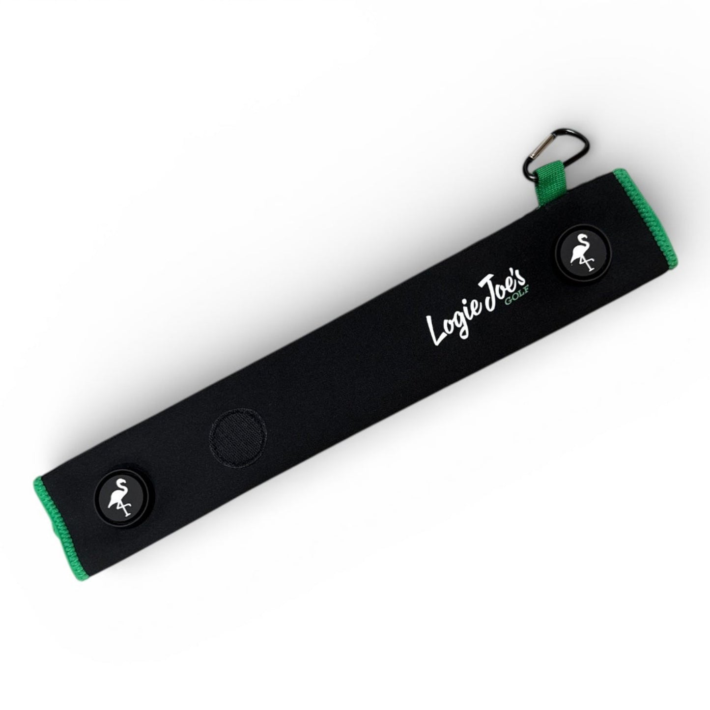 The Black/Green Magnetic Golf Cart Strap Sleeve is a neoprene rubber glove holder with dual accessory magnets, a carabiner bag attachment, and measures 18.5 x 3.5 in—ideal for adding a fun and functional touch to your golf bag.
