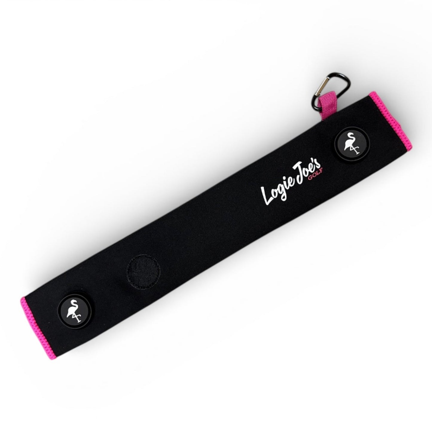 The Black/Pink Magnetic Golf Cart Strap Sleeve features neoprene rubber, dual accessory magnets, a glove holder, carabiner bag attachment, and the LogieJoes Gear logo—an ideal 18.5 x 3.5 in golf bag accessory.