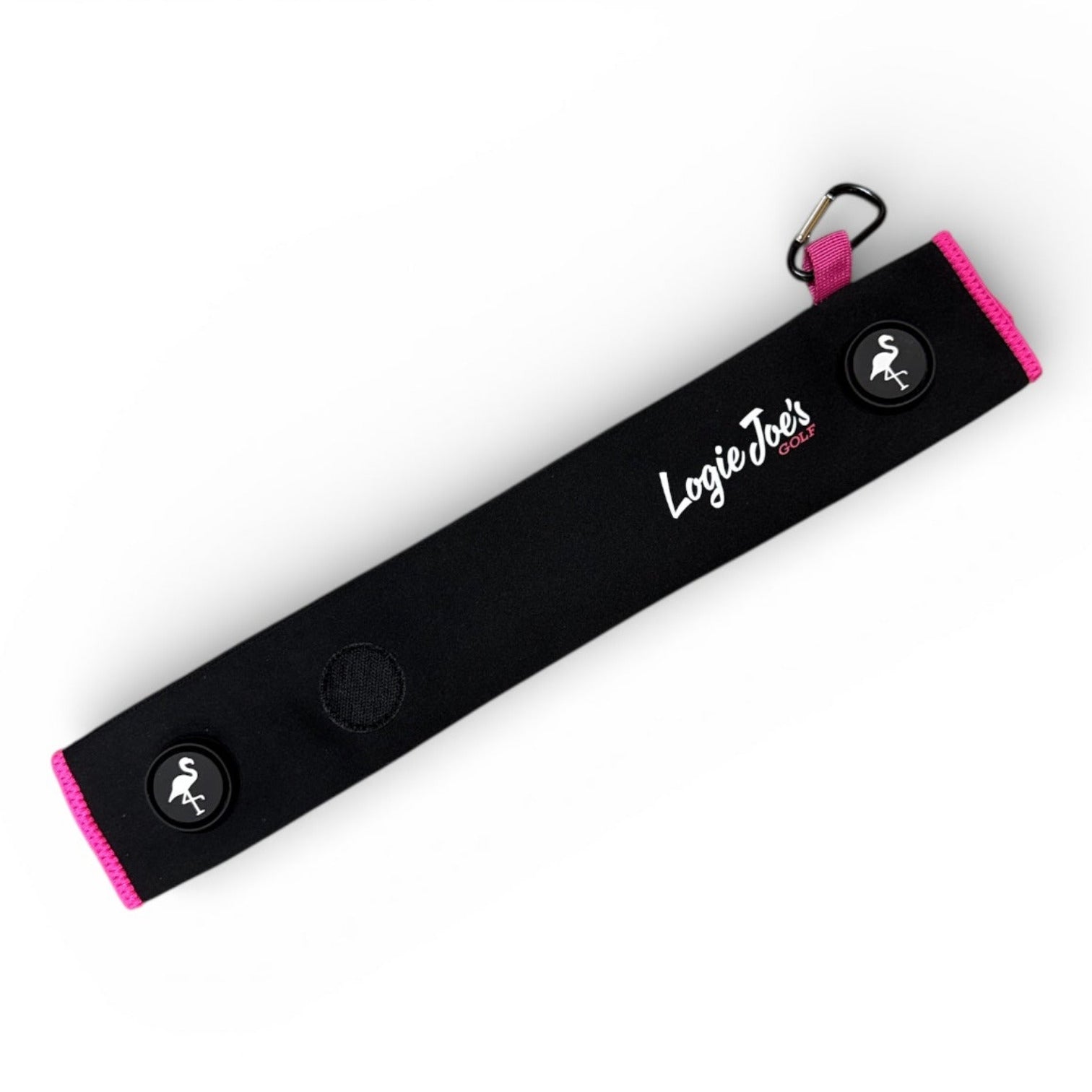The Black/Pink Magnetic Golf Cart Strap Sleeve features neoprene rubber, dual accessory magnets, a glove holder, carabiner bag attachment, and the LogieJoes Gear logo—an ideal 18.5 x 3.5 in golf bag accessory.