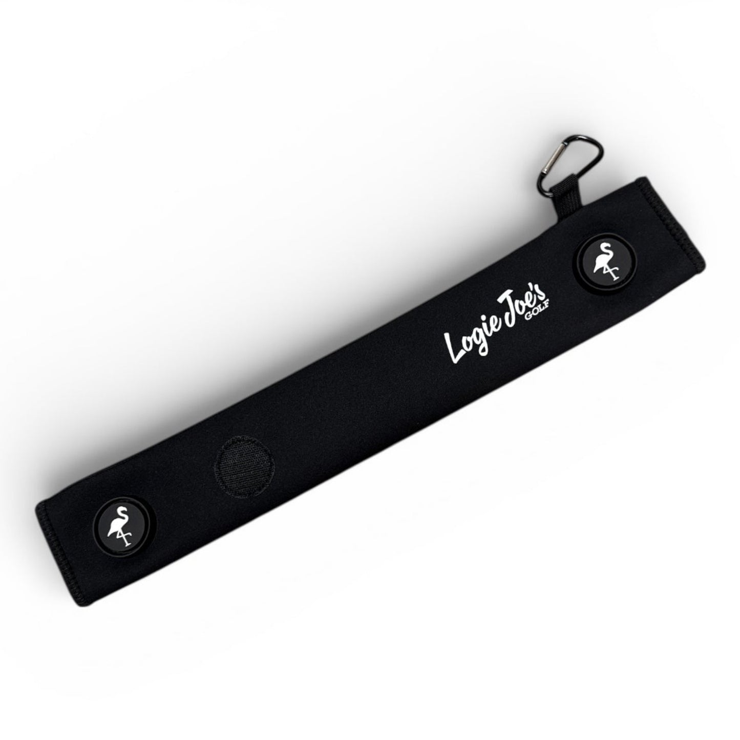 The Black Magnetic Golf Cart Strap Sleeve is a rectangular neoprene rubber holder (18.5 x 3.5 in) with dual accessory magnets, glove holder, flamingo and LogieToss Gear logos, round buttons, and a carabiner bag attachment, shown on a white background.
