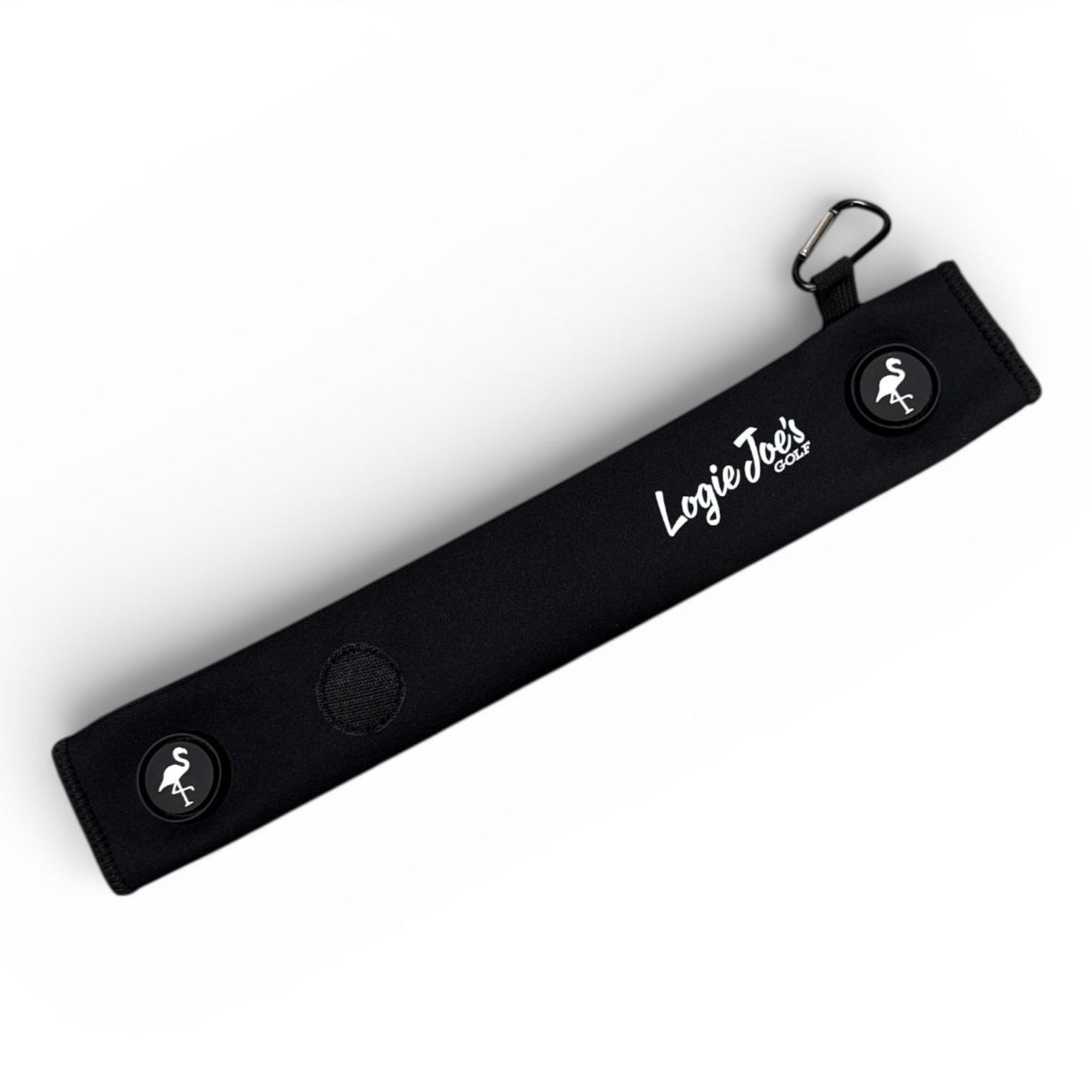 The Black Magnetic Golf Cart Strap Sleeve is a rectangular neoprene rubber holder (18.5 x 3.5 in) with dual accessory magnets, glove holder, flamingo and LogieToss Gear logos, round buttons, and a carabiner bag attachment, shown on a white background.
