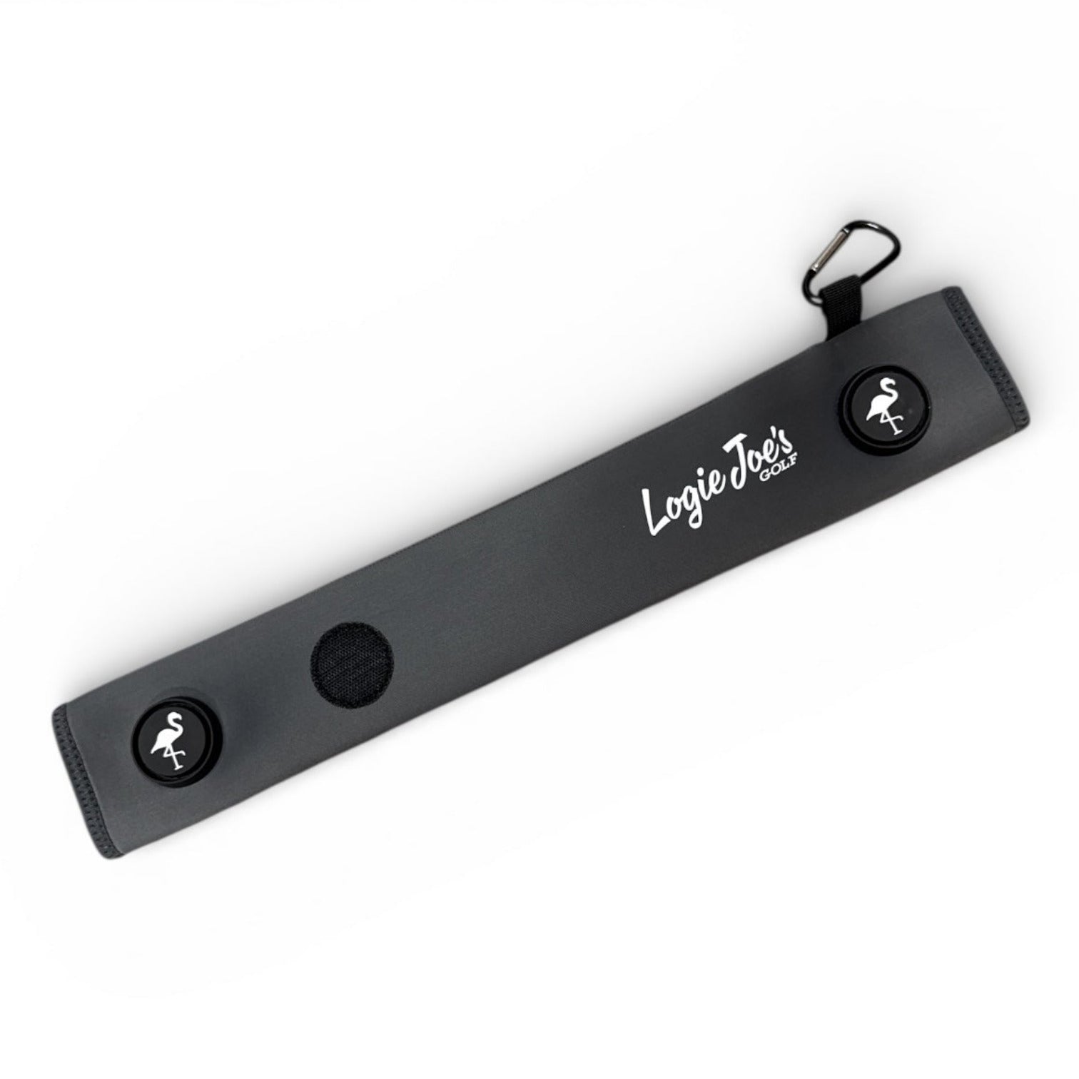 The gray Magnetic Golf Cart Strap Sleeve features dual accessory magnets, a glove holder, and a carabiner bag attachment—crafted from neoprene rubber and sized at 18.5 x 3.5 in—for convenient, stylish golf bag organization.