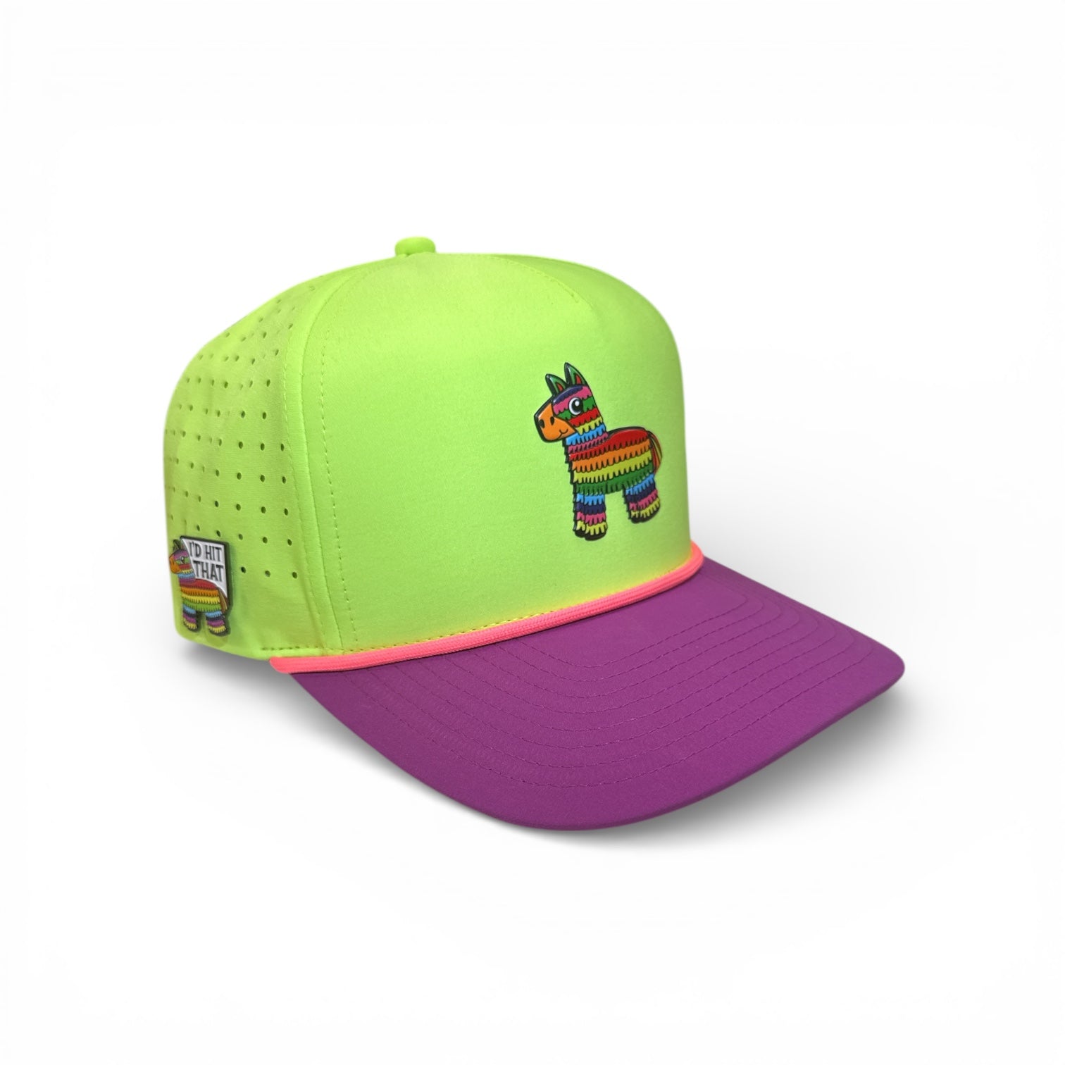 The "I'd Hit That Piñata Golf Hat" is a llama multicolor snapback cap with a built-in magnetic ball marker holder and included marker, adjustable fit, and vibrant design—perfect for golf lovers.