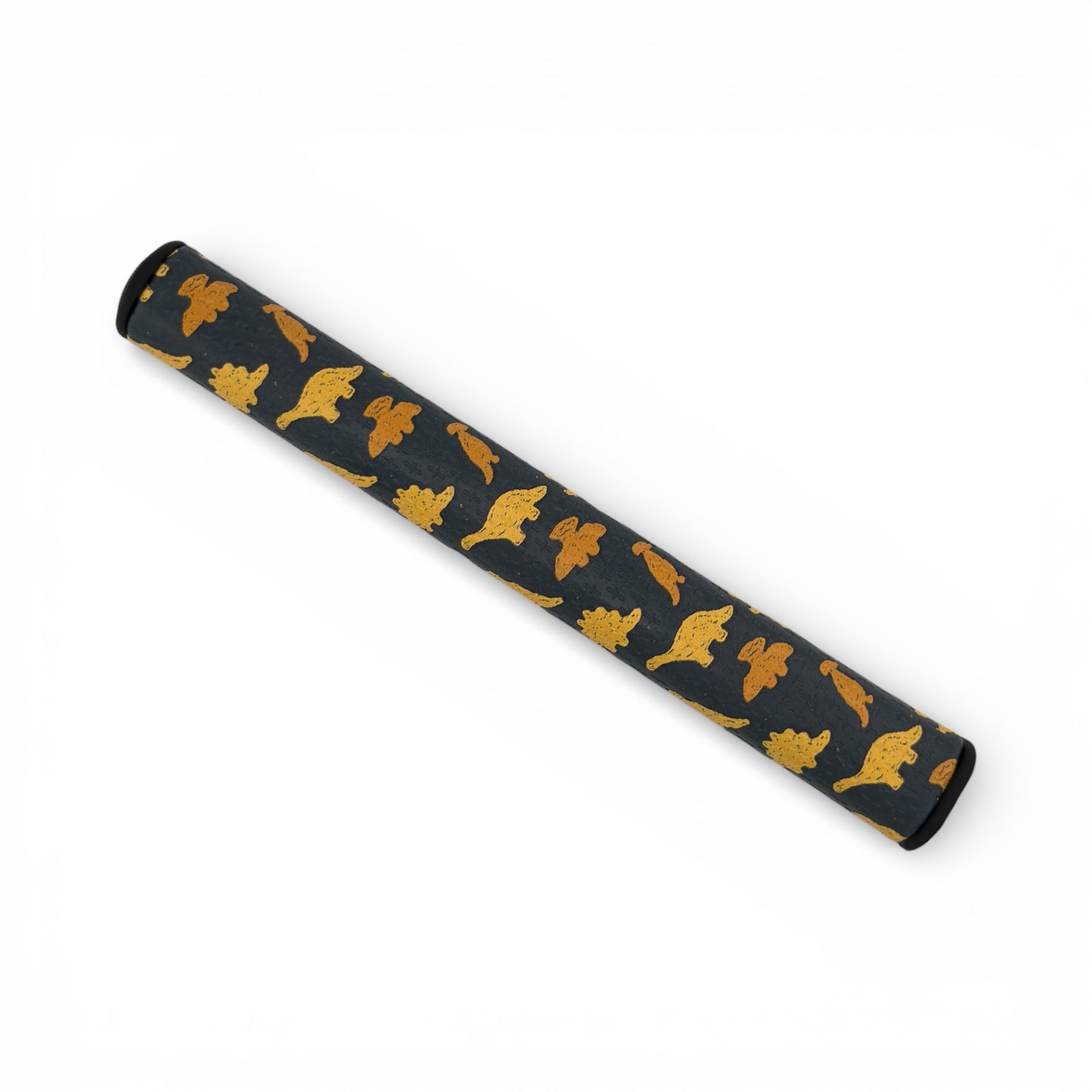 A black Dino Nugget Putter Grip | 3.0 Tour Grip with yellow and orange dinosaur patterns, made from premium PU material for a stable oversize feel, shown diagonally on a white background.