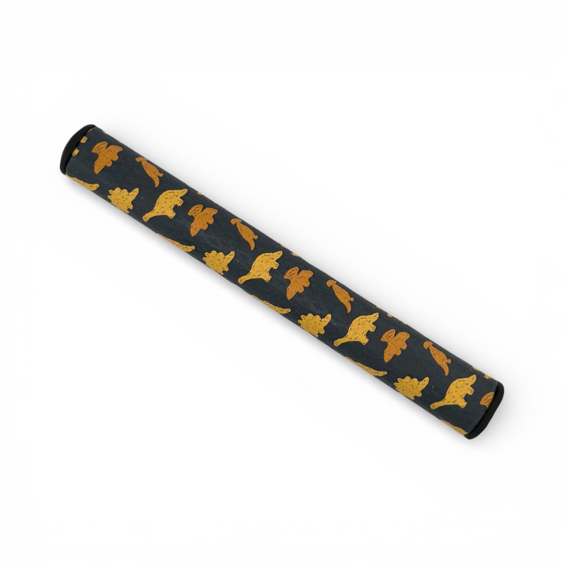 A black Dino Nugget Putter Grip | 3.0 Tour Grip with yellow and orange dinosaur patterns, made from premium PU material for a stable oversize feel, shown diagonally on a white background.