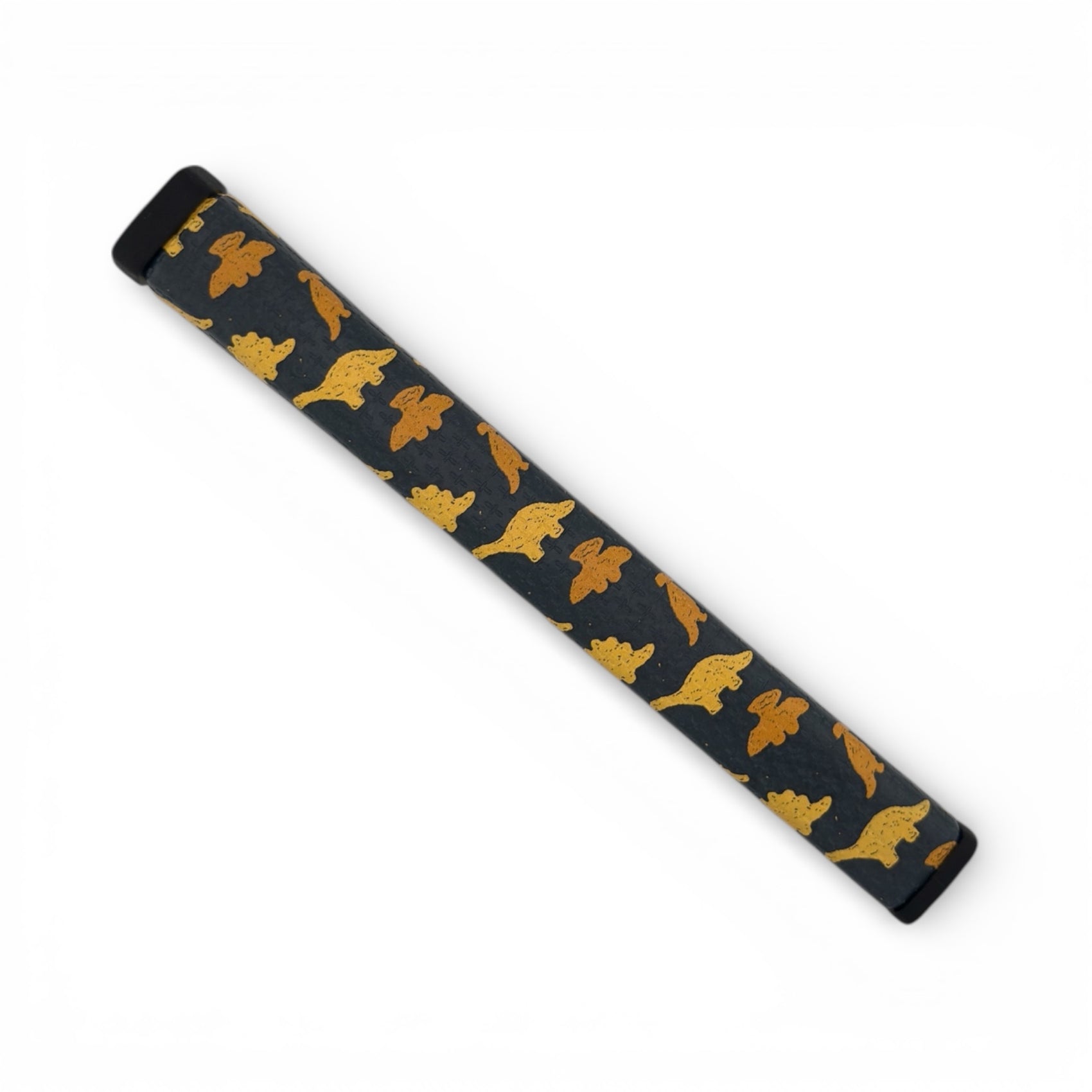 A black rectangular slap bracelet with yellow and orange cartoon cats in playful poses on white—ideal for anyone who enjoys unique accessories like the Dino Nugget Putter Grip’s fun dinosaur nugget design.