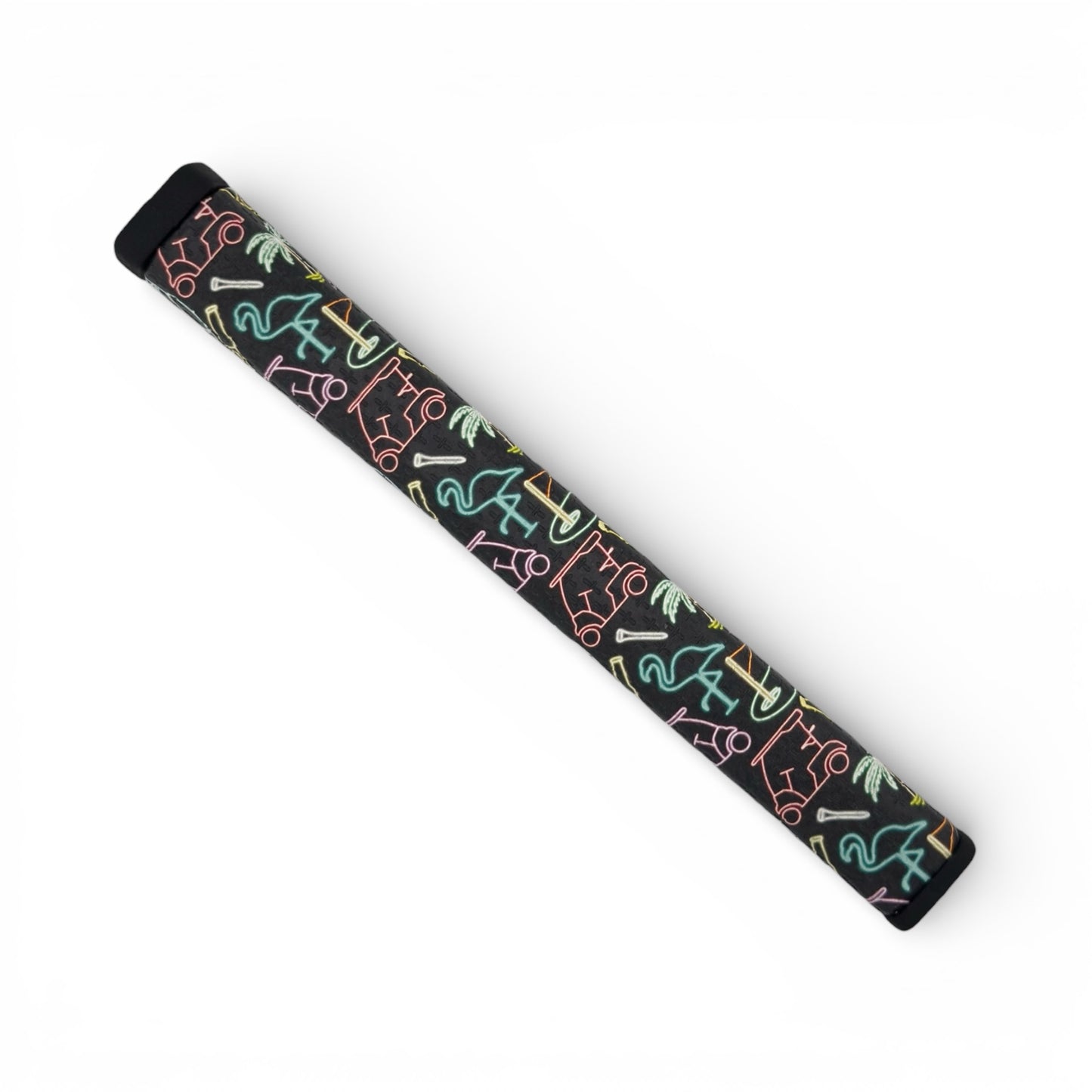 A black rectangular case featuring neon line art of cats, palm trees, and geometric shapes in a repeating pattern, inspired by the vibrant Miami Slice Putter Grip’s Neon Slice design—set against a crisp white background.