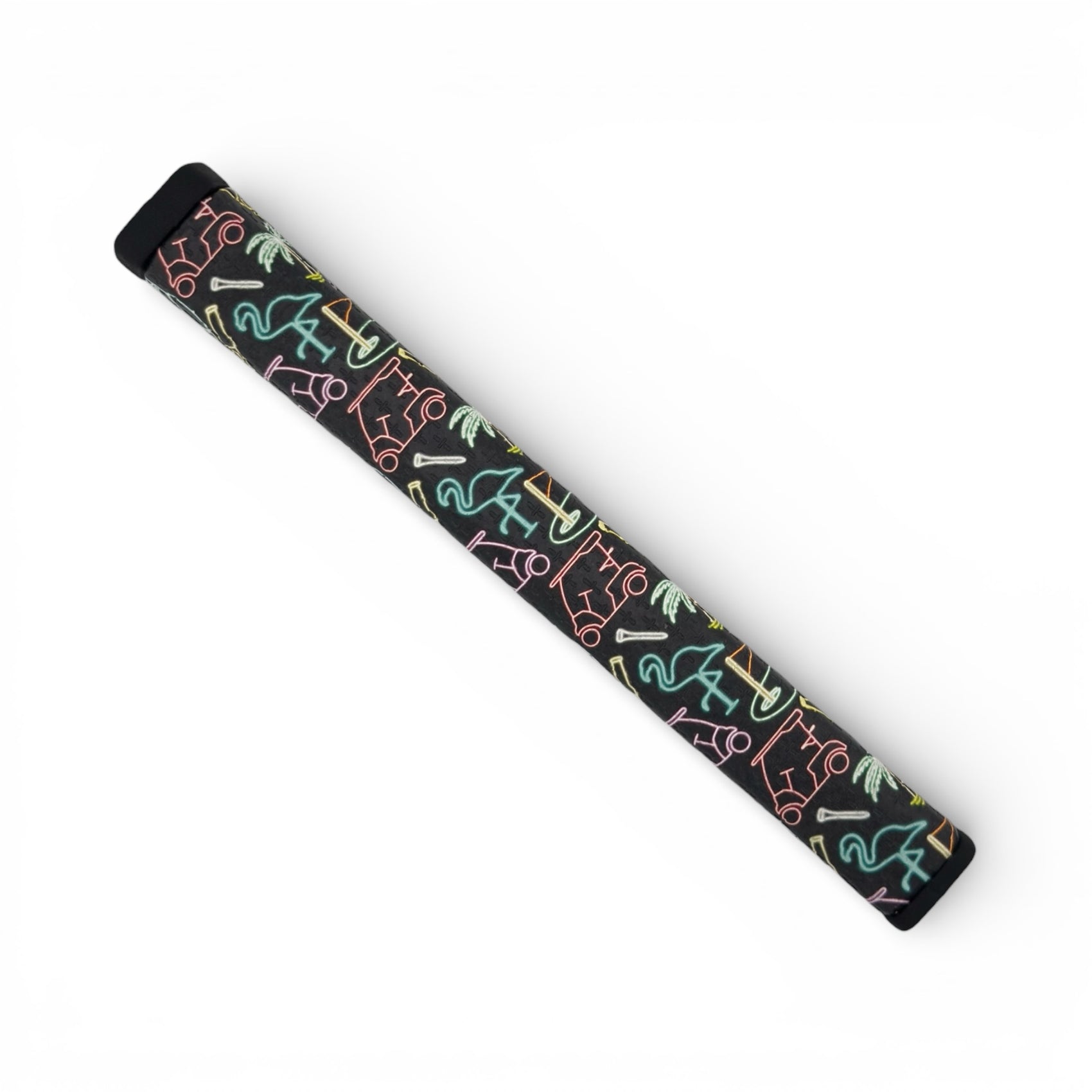A black rectangular case featuring neon line art of cats, palm trees, and geometric shapes in a repeating pattern, inspired by the vibrant Miami Slice Putter Grip’s Neon Slice design—set against a crisp white background.