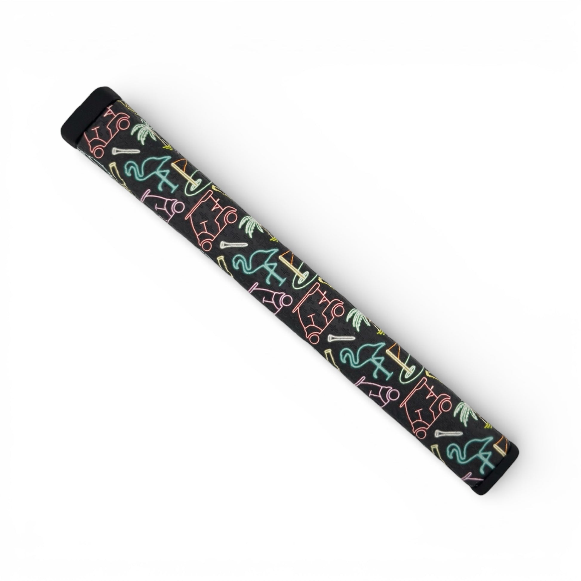A black rectangular case featuring neon line art of cats, palm trees, and geometric shapes in a repeating pattern, inspired by the vibrant Miami Slice Putter Grip’s Neon Slice design—set against a crisp white background.