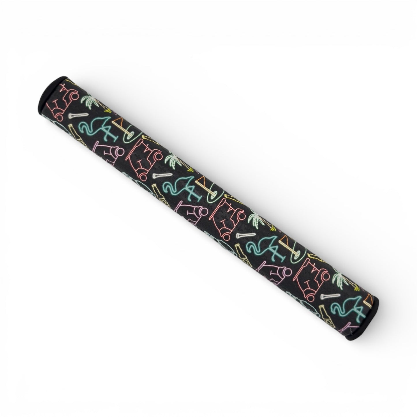 The Miami Slice Putter Grip 3.0 features a black, cylindrical premium PU design with a neon pattern of flamingos, palm trees, and drinks, shown diagonally on a white background for a stylish golf accessory.