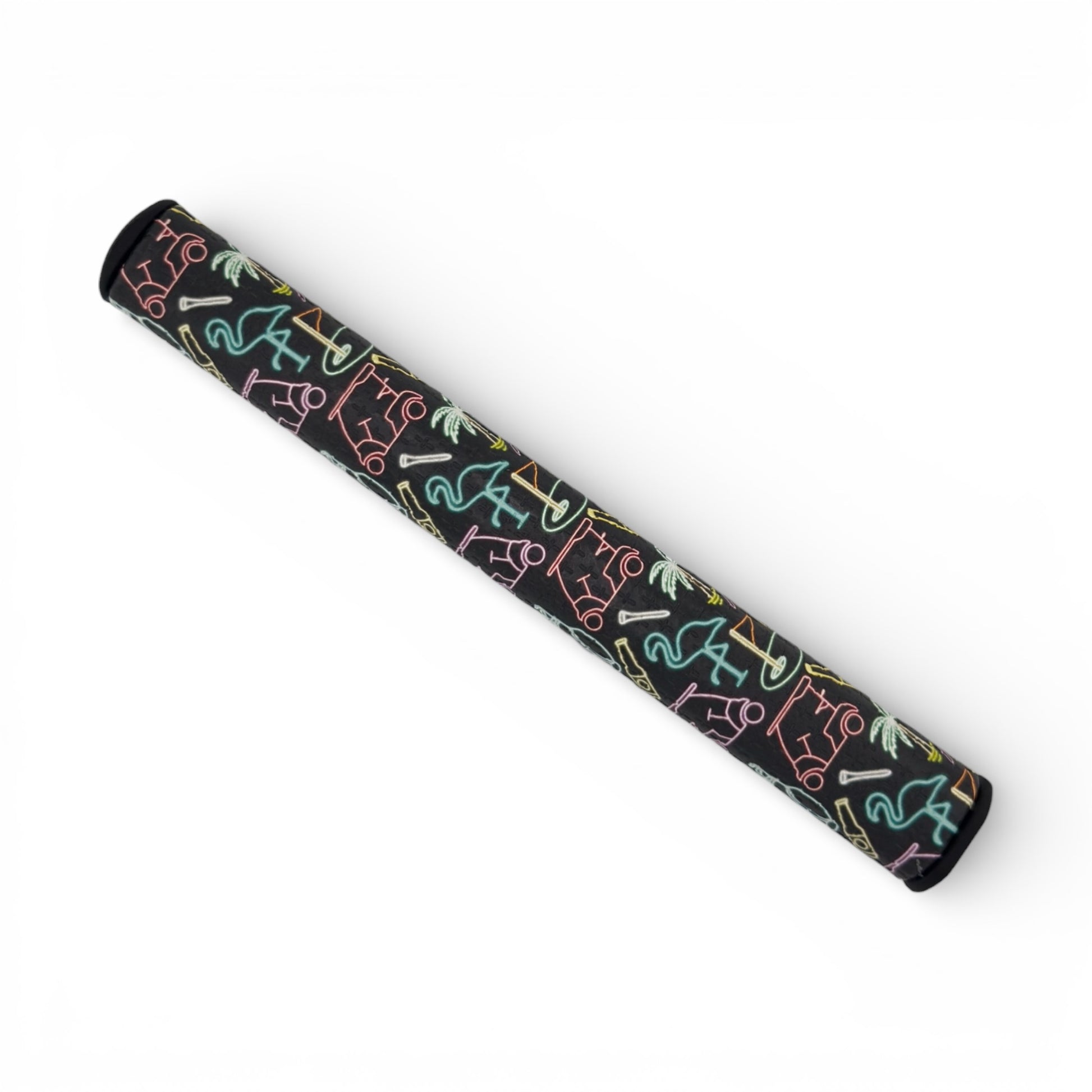 The Miami Slice Putter Grip 3.0 features a black, cylindrical premium PU design with a neon pattern of flamingos, palm trees, and drinks, shown diagonally on a white background for a stylish golf accessory.