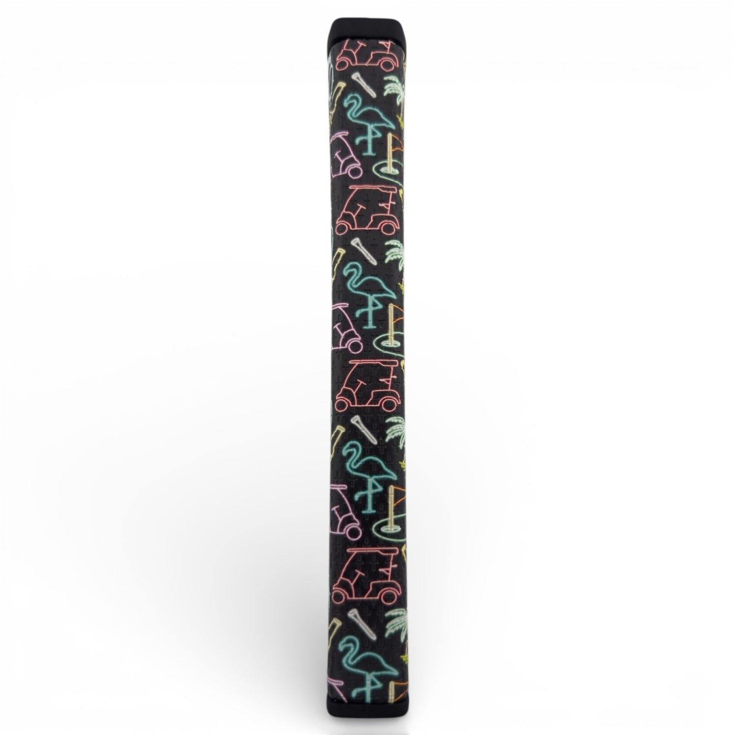 The Miami Slice Putter Grip features a neon slice design with flamingos, palm trees, and golf carts on premium black PU for a soft, tacky feel. Shown upright on a white background.
