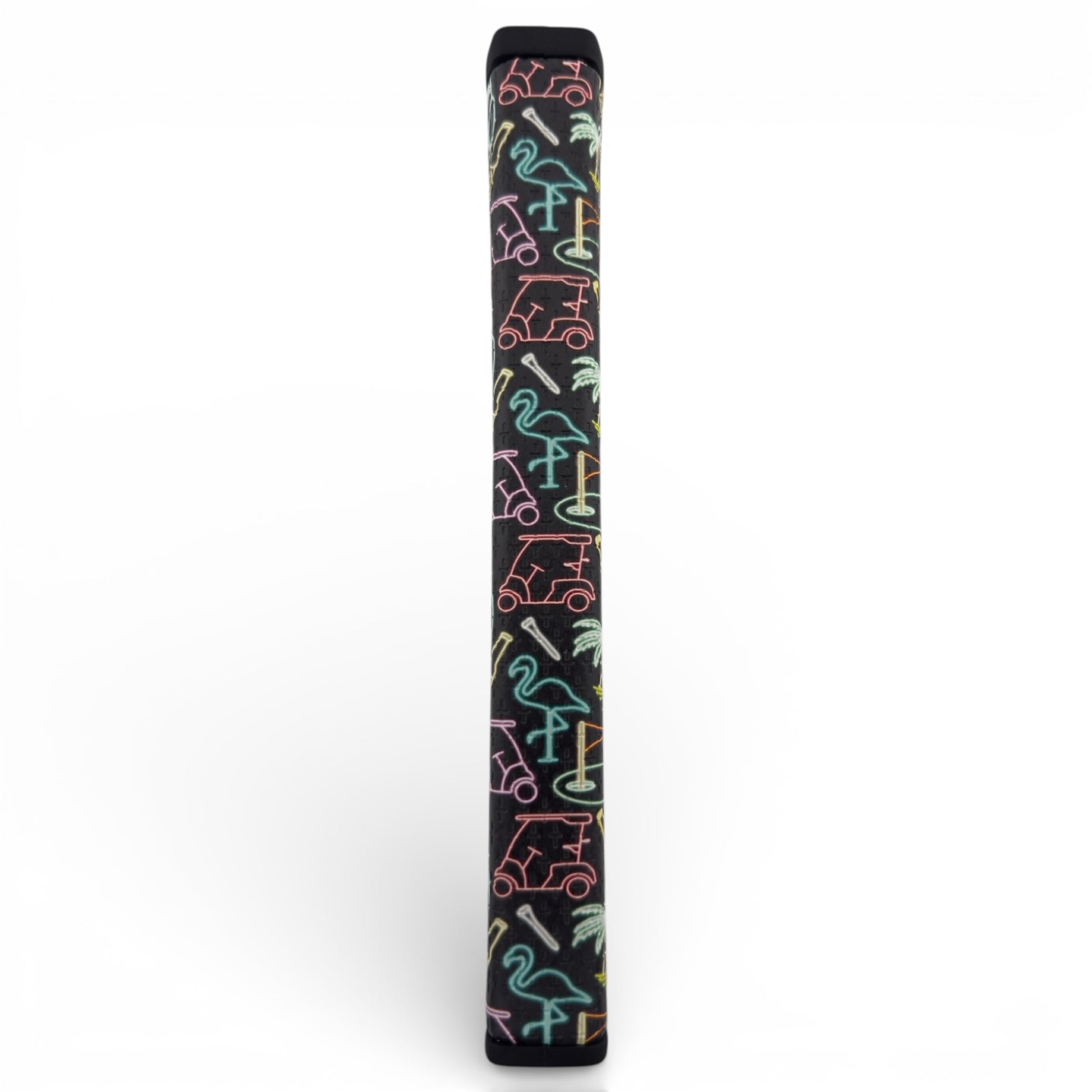 The Miami Slice Putter Grip features a neon slice design with flamingos, palm trees, and golf carts on premium black PU for a soft, tacky feel. Shown upright on a white background.